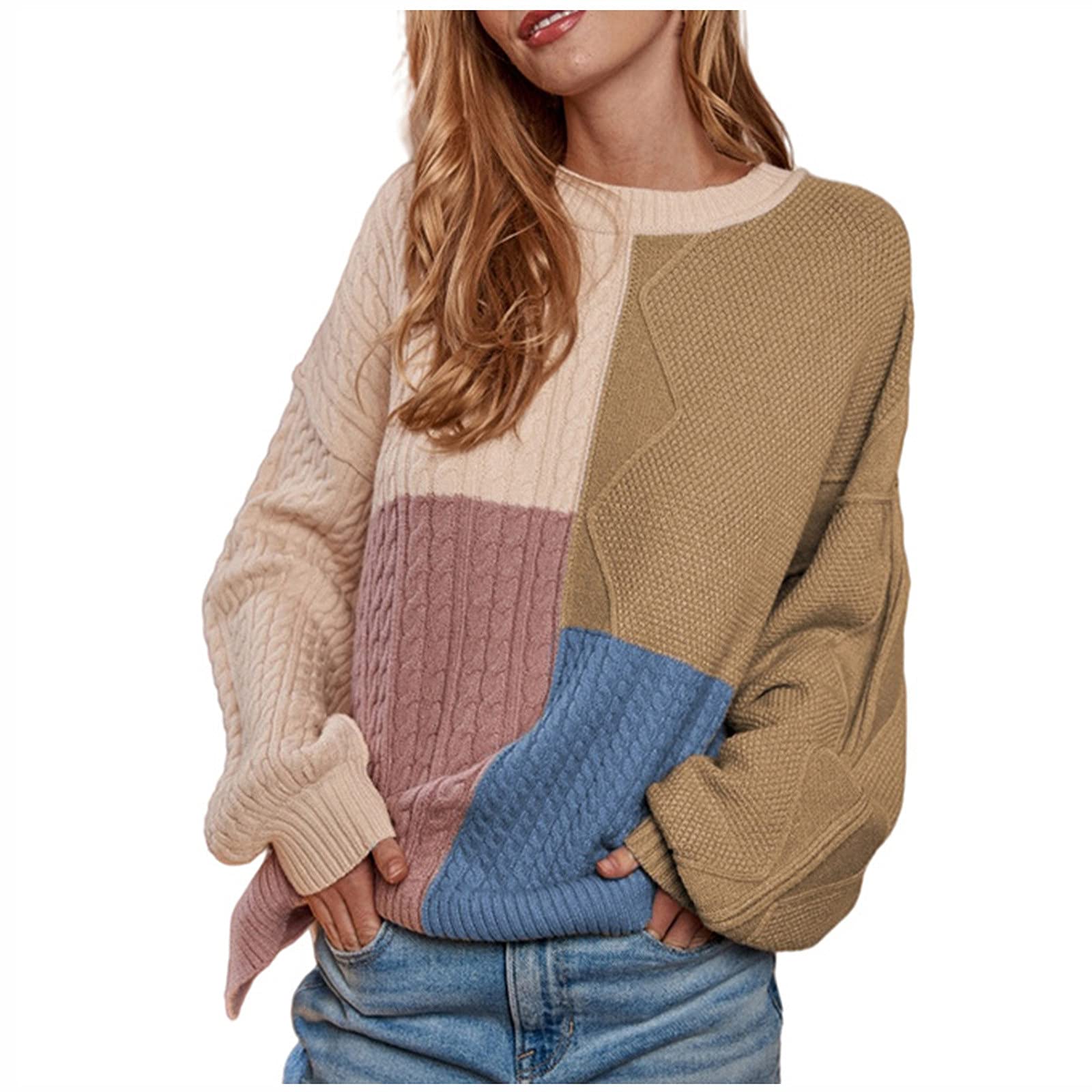 Women's Oversized Sweater - Long Sleeve Crewneck Color Block Pullover for Casual Wear