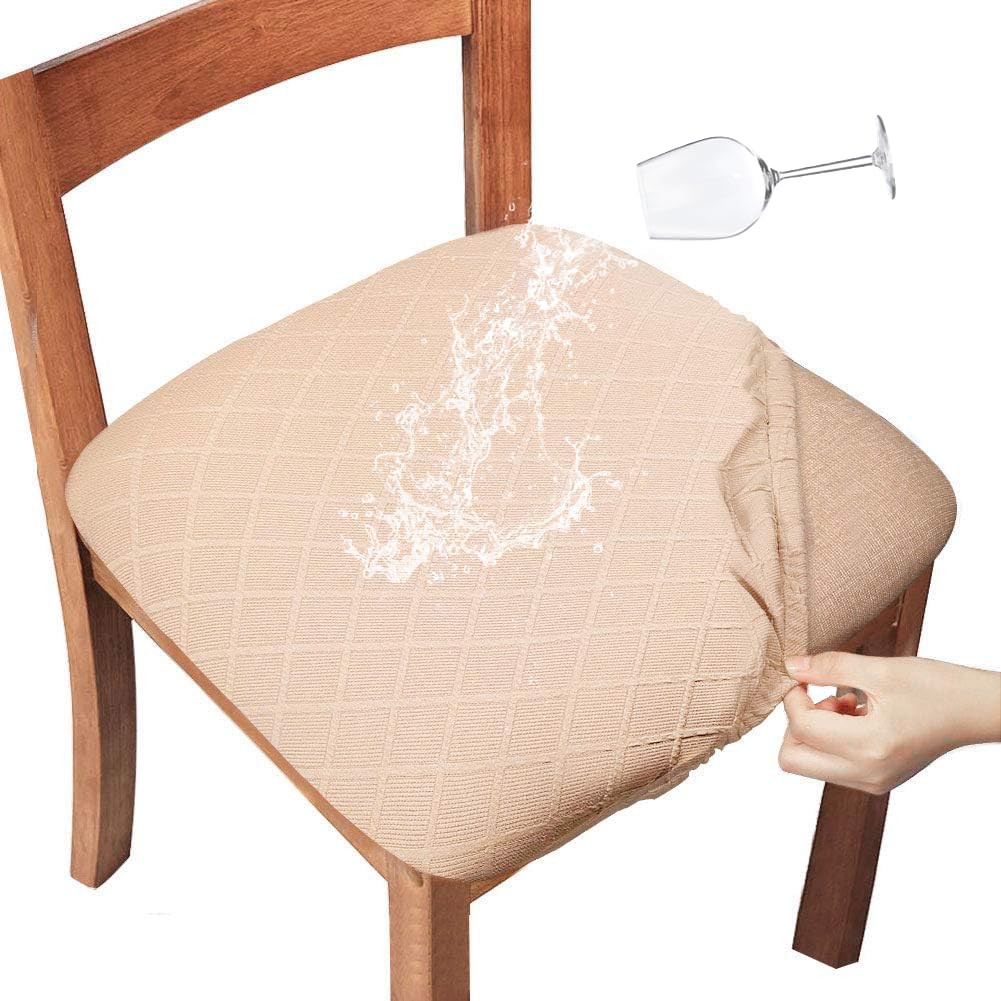 Stretch Jacquard Chair Covers - 4 Pcs for Dining & Kitchen Chairs - Rhombic Beige