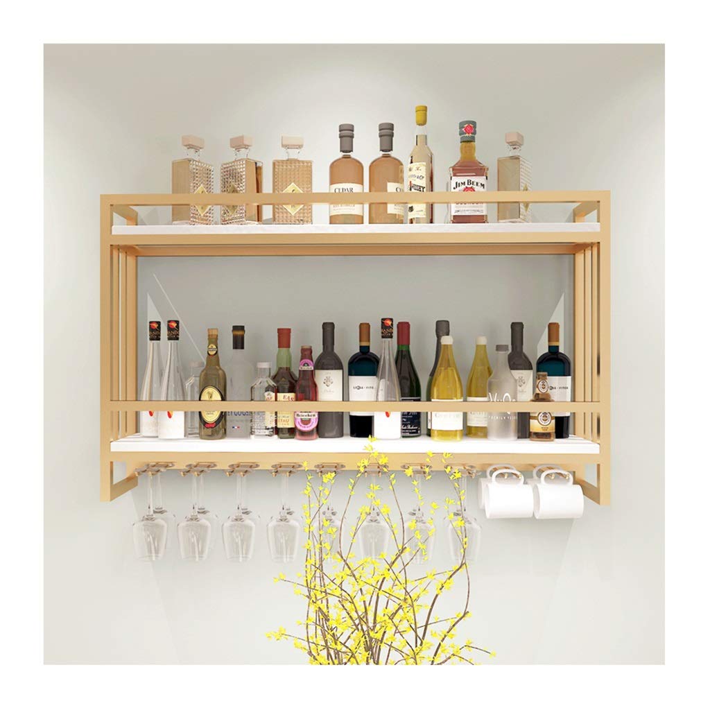 Nordic Style Wrought Iron & Solid Wood Wall Mounted Wine Rack - Gold Hanging Wine Cabinet (80x20x61cm) - Space Saving Wine Storage for Kitchen, Dining Room, Bar or Wine Cellar