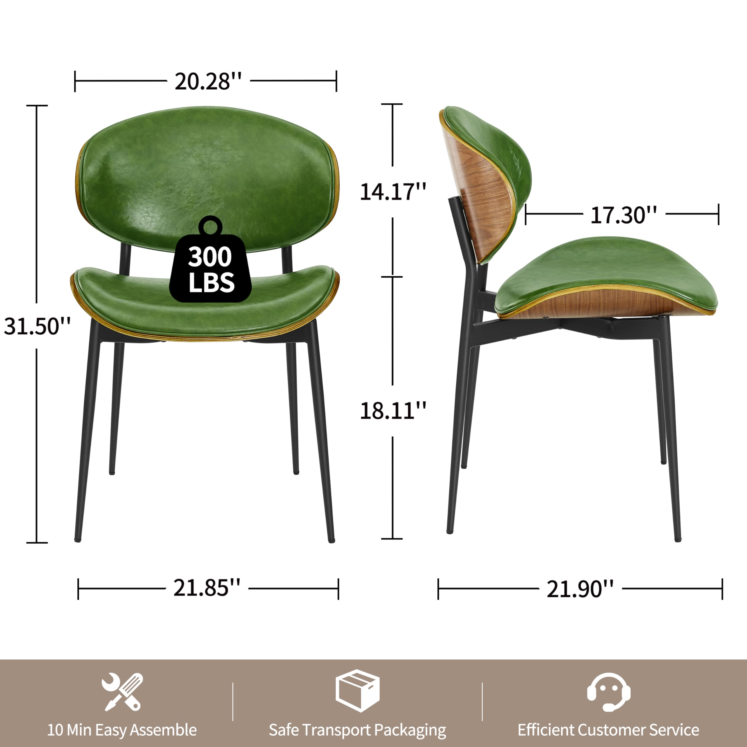 Art Leon Dining Chairs Set of 2 - Walnut Bentwood Mid Century Modern Kitchen & Dining Room Chairs - Green Faux Leather Upholstered Accent Chairs for Bedroom, Living Room & Office - Comfortable Seating for Home Decor