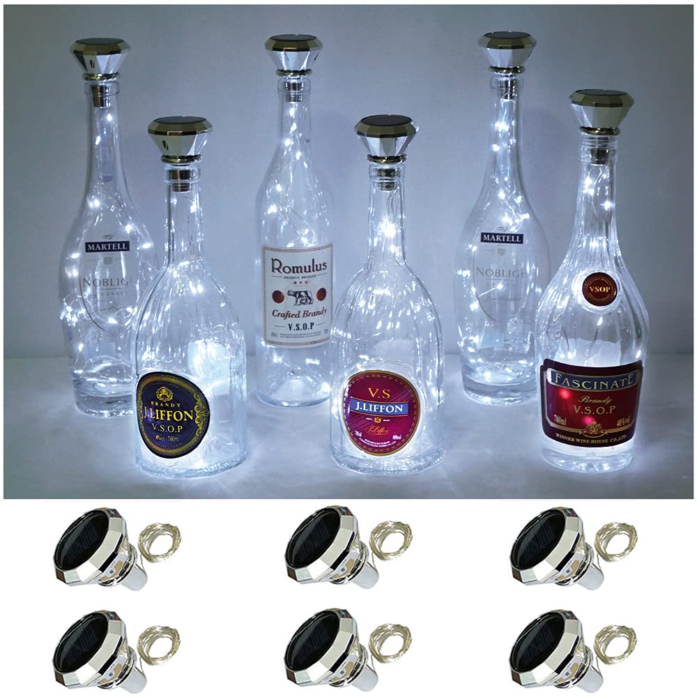 Cynzia 6 Pack Solar Wine Bottle Lights - 20LED Waterproof Diamond Cork Fairy String Lights for Outdoor Garden, Patio, Party & Wedding Decor | Solar Powered Holiday Lighting (Cold White) | Perfect for Backyard BBQs, Romantic Dinners & Christmas Decorations