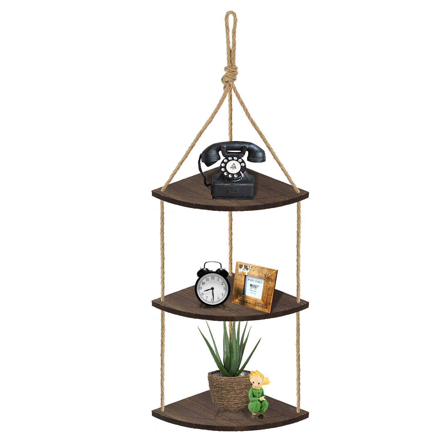 3-Tier Wooden Corner Shelves with Jute Rope - Floating Wall Shelf for Living Room, Bathroom, Kitchen & Bedroom - Small Organizer & Display Shelf for Plants, Decor & Storage (Dark Brown) - Perfect for Small Spaces & Home Organization