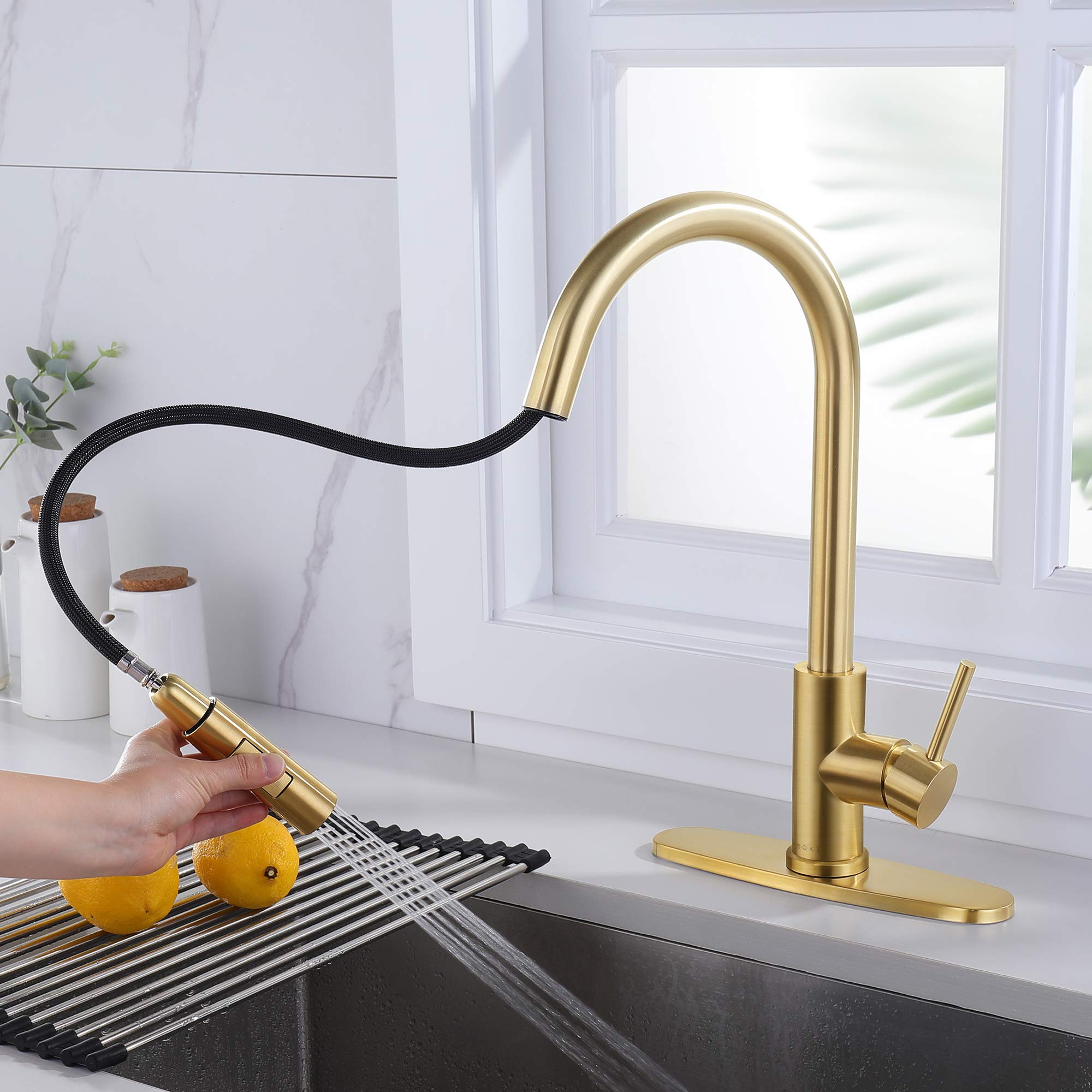 SOKA Commercial Kitchen Faucet with Pull Down Sprayer - RV Touch Faucet for Kitchen Sink, Single Handle High Arc Gold Faucet for Travel Trailers - Fits 1 & 3 Hole with Deck Plate - Perfect for RV, Tiny Homes & Mobile Kitchens