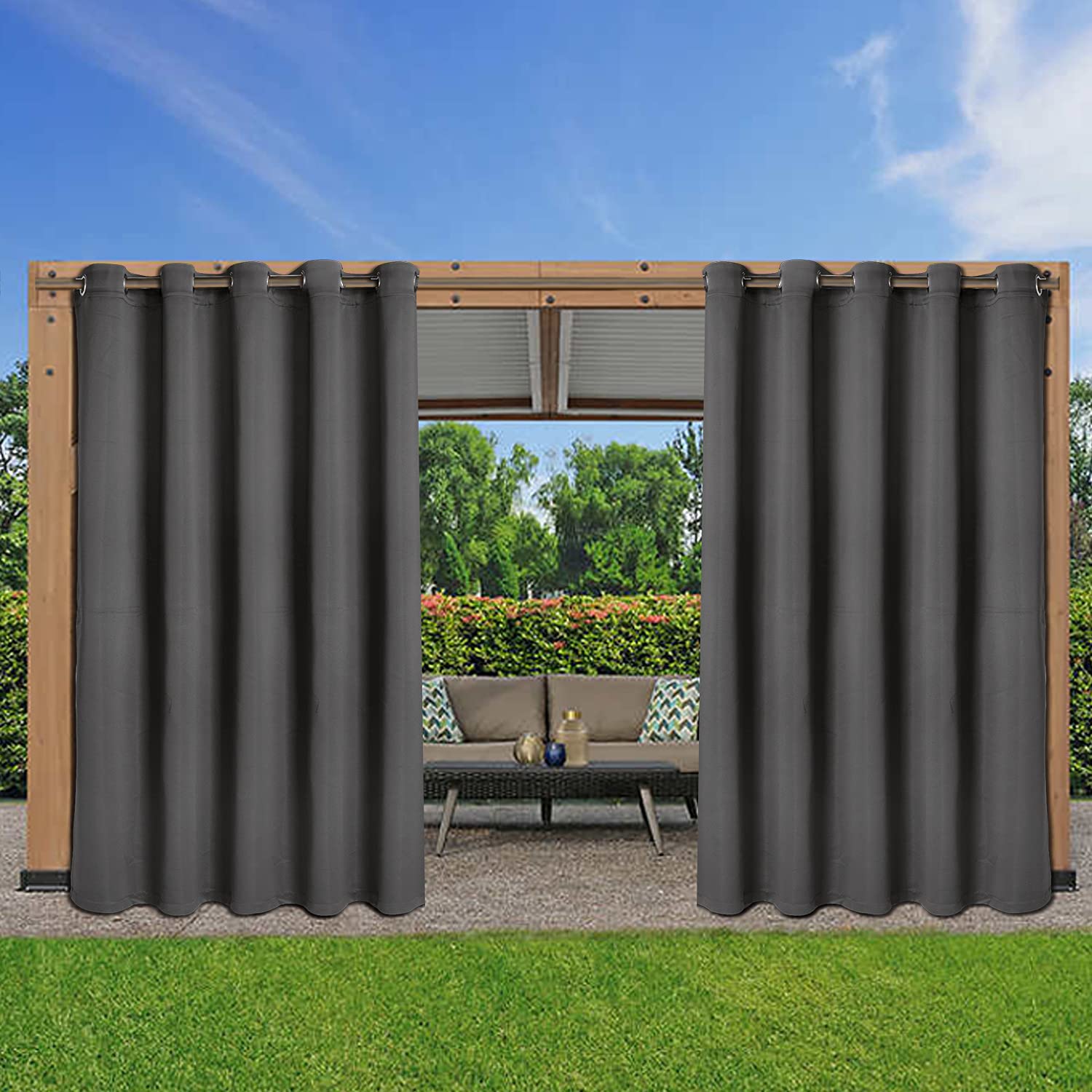 LORDTEX Waterproof Blackout Curtains for Patio & Indoor - Thermal Insulated Sun Blocking Window Drapes for Bedroom, Living Room, Porch, Pergola - 70x108 Inch Dark Grey Set of 2 Panels - Perfect for Sun Protection, Privacy & Temperature Control