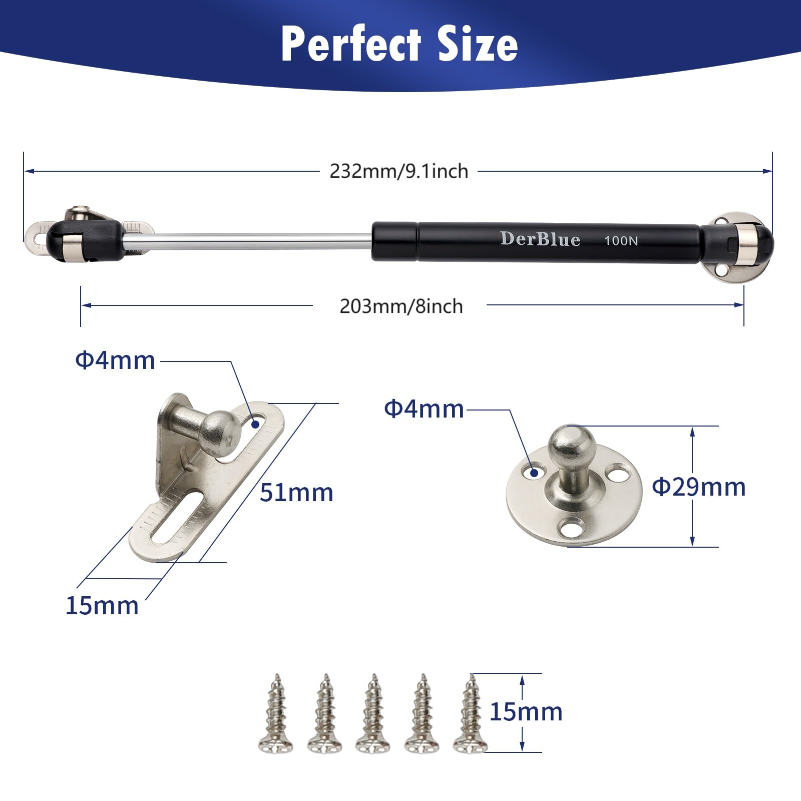DerBlue 4-Pack 7inch 100N/25lb Gas Struts for Cabinets - Heavy Duty Lift Support, Soft Close Hinges Replacement - Perfect for Kitchen Cabinets, Wardrobes & Furniture (Easy Installation)