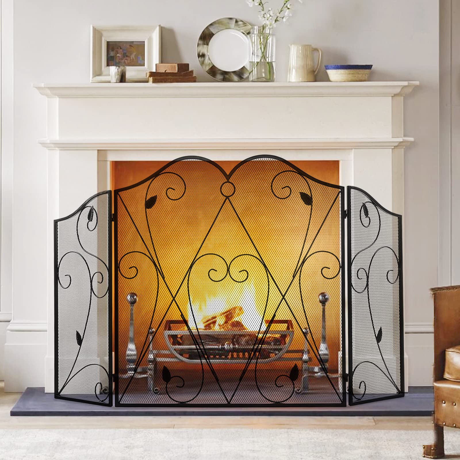 BEAMNOVA 52 Inch Fireplace Screen - 3 Panel Flat Cover with Decorative Mesh Iron Design (132x75cm) for Indoor/Outdoor Use - Rustic Vintage Style Fireplace Protector for Living Room, Patio, or Garden