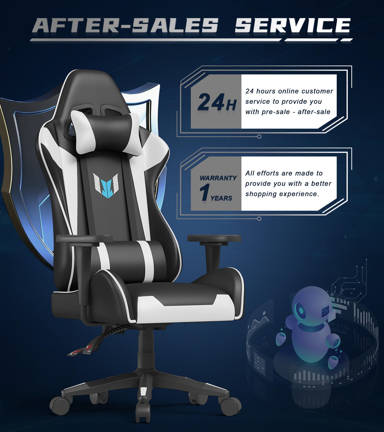 Bigzzia Ergonomic Gaming Chair - Adjustable Height Swivel Office Desk Chair with Lumbar & Headrest Support, Racing Style PU Leather Computer Chair for Video Gamers (Black/White) - Perfect for Esports, Streaming & Home Office Workspace
