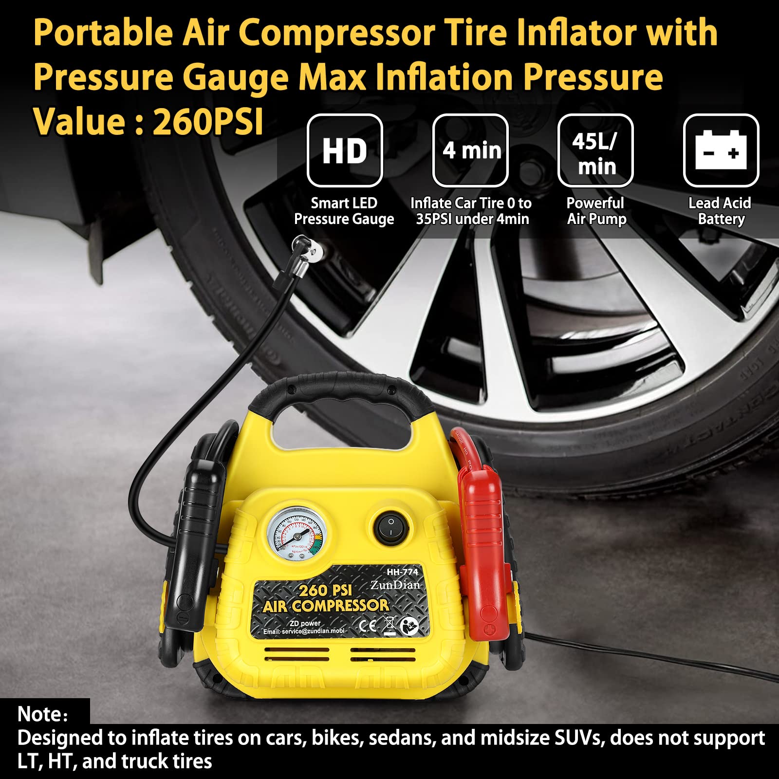 260PSI 4-in-1 Portable Car Jump Starter with Air Compressor - 1000A Battery Booster Pack for Gas/Diesel Vehicles (Up to 3L) - Includes Safety Jumper Cables, USB & DC Ports - Perfect for Emergency Roadside Assistance & Tire Inflation