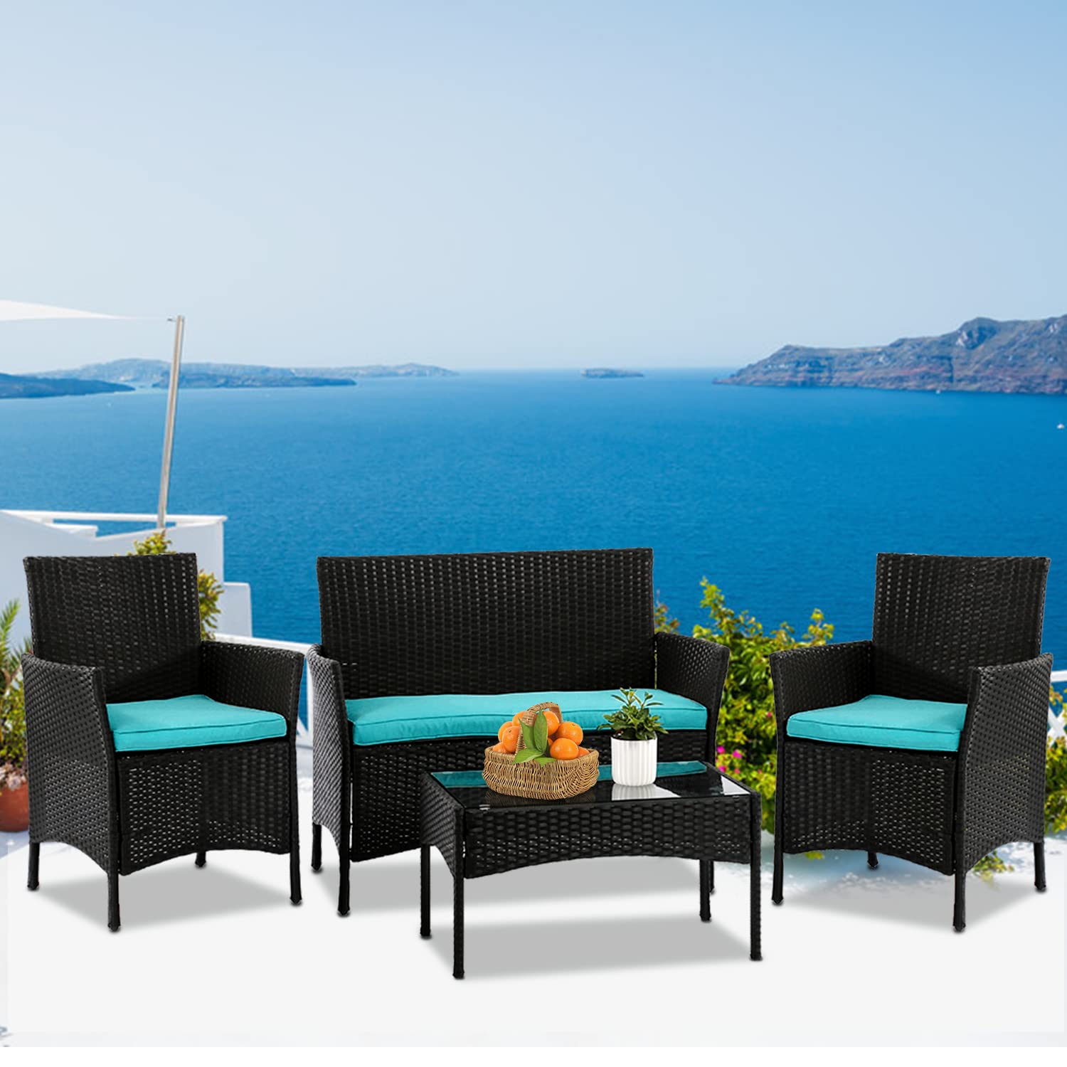 4-Piece Wicker Patio Furniture Set - Outdoor Rattan Conversation Chairs with Coffee Table & Cushions - Perfect for Balcony, Backyard, Front Porch & Garden Decor - Red