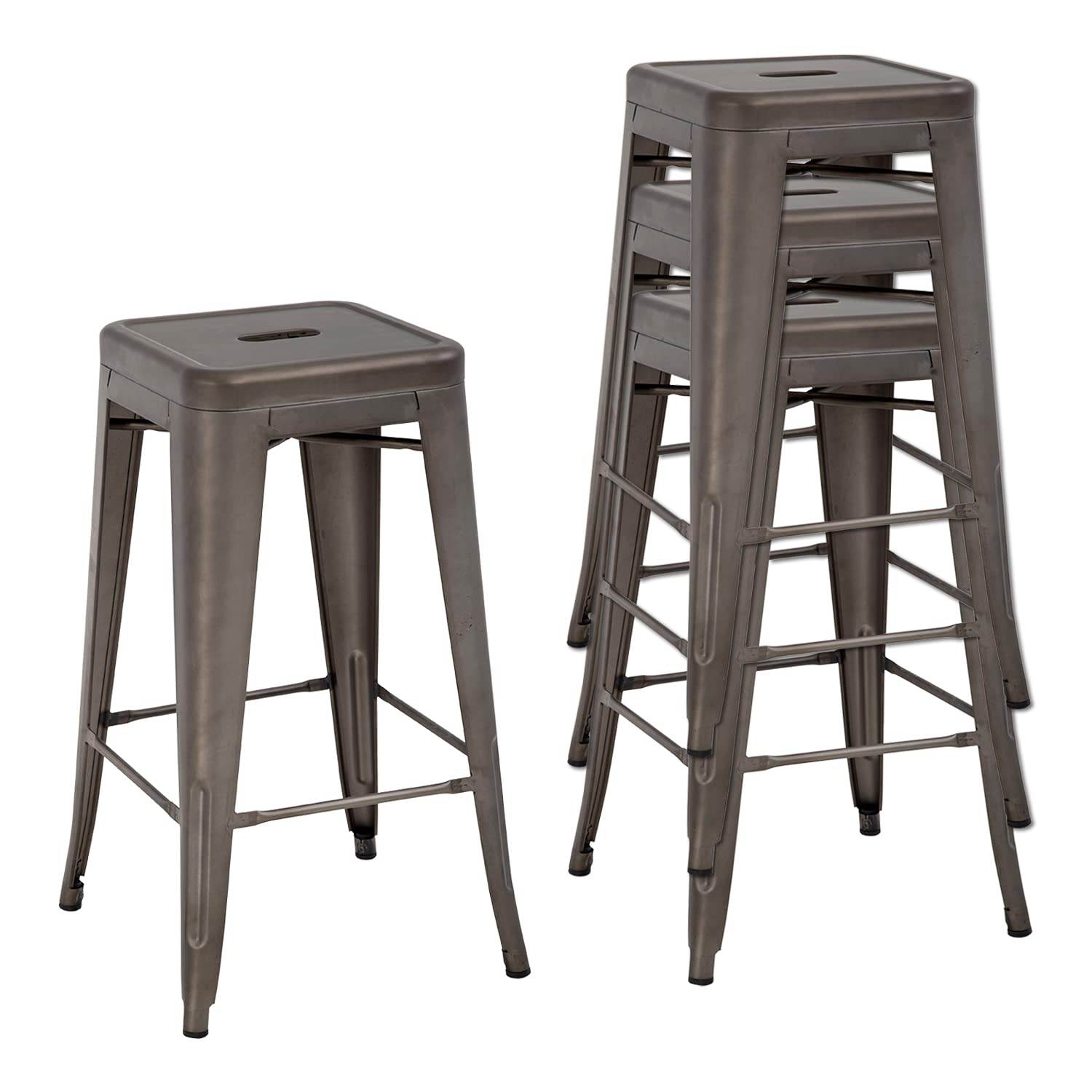 HCY 24 Inch Metal Dining Chairs Set of 4 - Stackable Bronze Bar Stools for Kitchen, Patio, Indoor & Outdoor Use - Durable & Comfortable Seating for Restaurants, Cafes and Home Decor