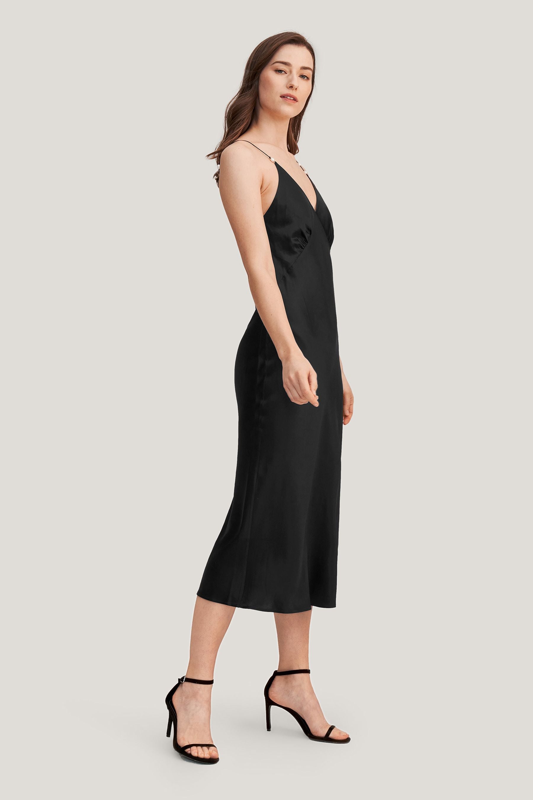 Elegant V-Neck Silk Dress with Pearl Accents - Perfect for Weddings, Parties & Special Occasions