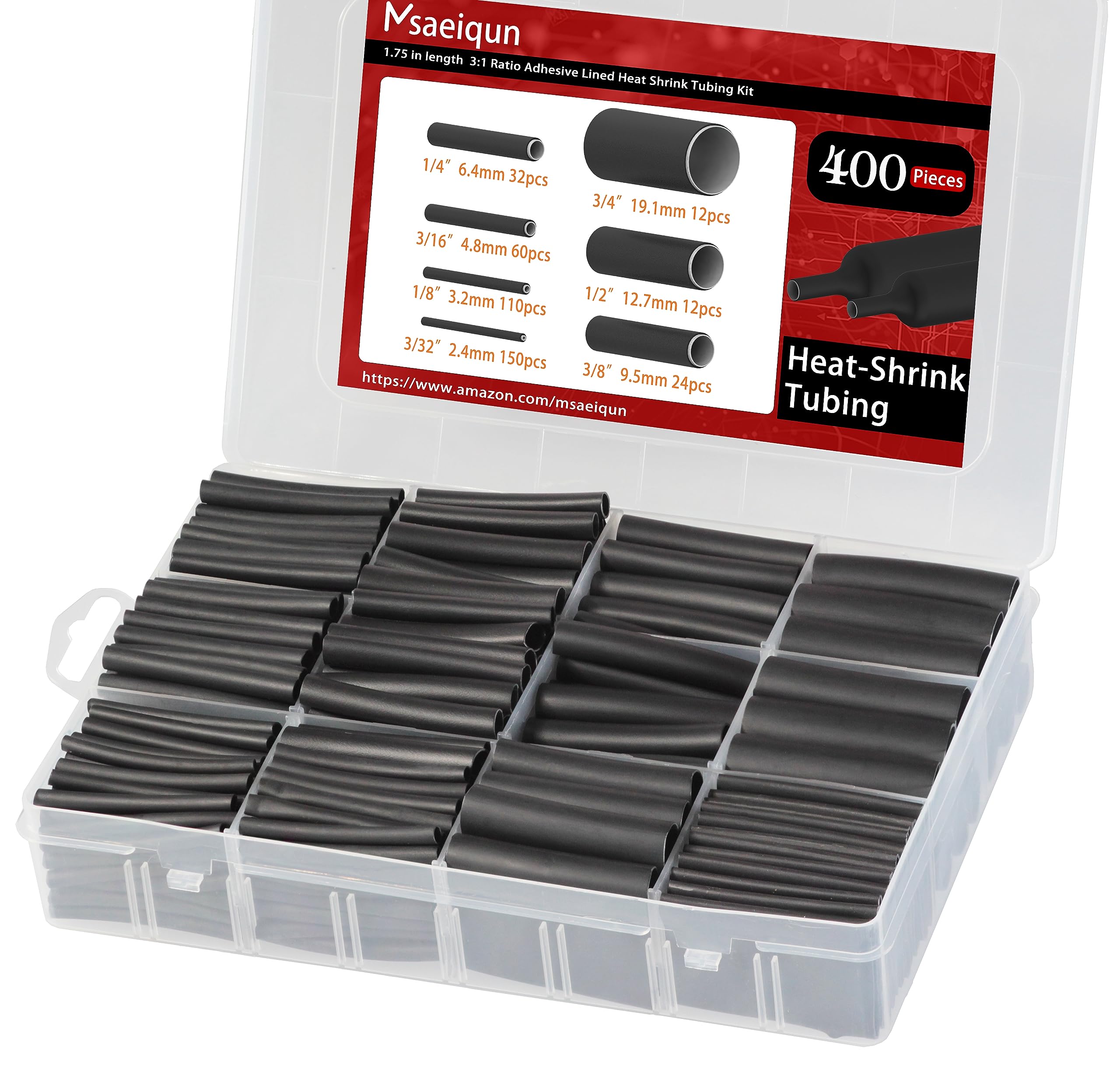 400 Pcs 3:1 Ratio Adhesive Lined Heat Shrink Tubing - Marine Grade Black Wire Wrap (1.75 Inch Length) for Waterproof Insulation - Ideal for Electrical Wiring, Automotive, Marine & DIY Projects