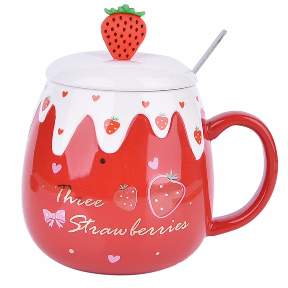 Premium 450ml Strawberry-Themed Porcelain Ceramic Mug with Lid & Spoon - Perfect for Tea, Coffee, Milk - Ideal Christmas, Birthday Gift (Red) - Great for Home, Office, Gift-Giving