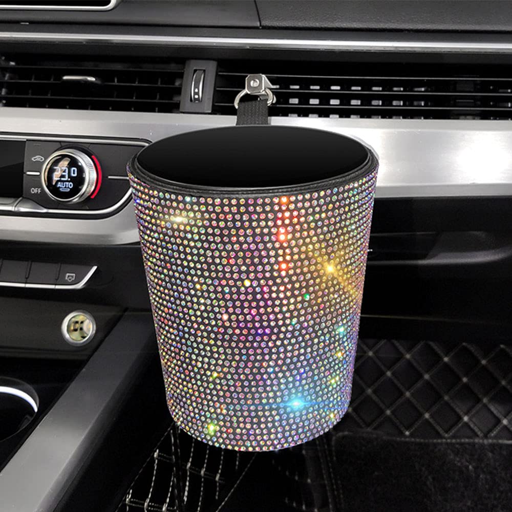 Bling Car Garbage Trash Can - Glitter Diamond Hanging Trash Bin, Multifunctional Organizer Storage Box for Vehicles (Colorful) | Perfect for Car, SUV, Truck & Road Trips
