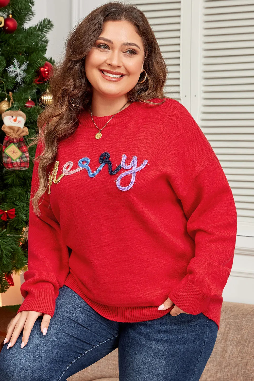 Plus Size Women's MERRY Round Neck Long Sleeve Sweater - Cozy Winter Knit Pullover for Casual Wear & Holiday Outfits
