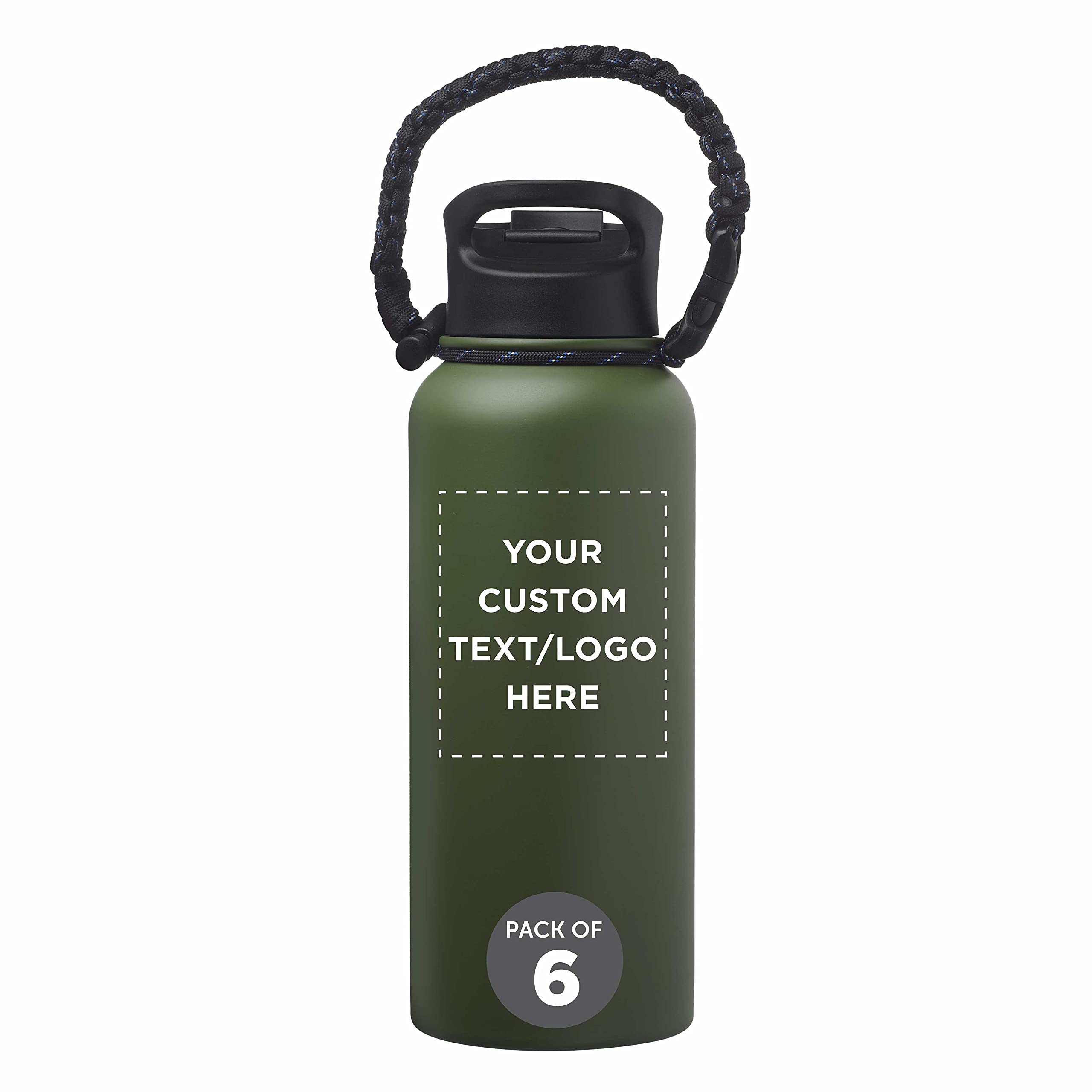 6 Pack 34 oz Stainless Steel Water Bottles with Strap - Custom Text & Logo - Double Wall Vacuum Insulated - Army Green - Perfect for Gym, Hiking, Camping & Outdoor Activities