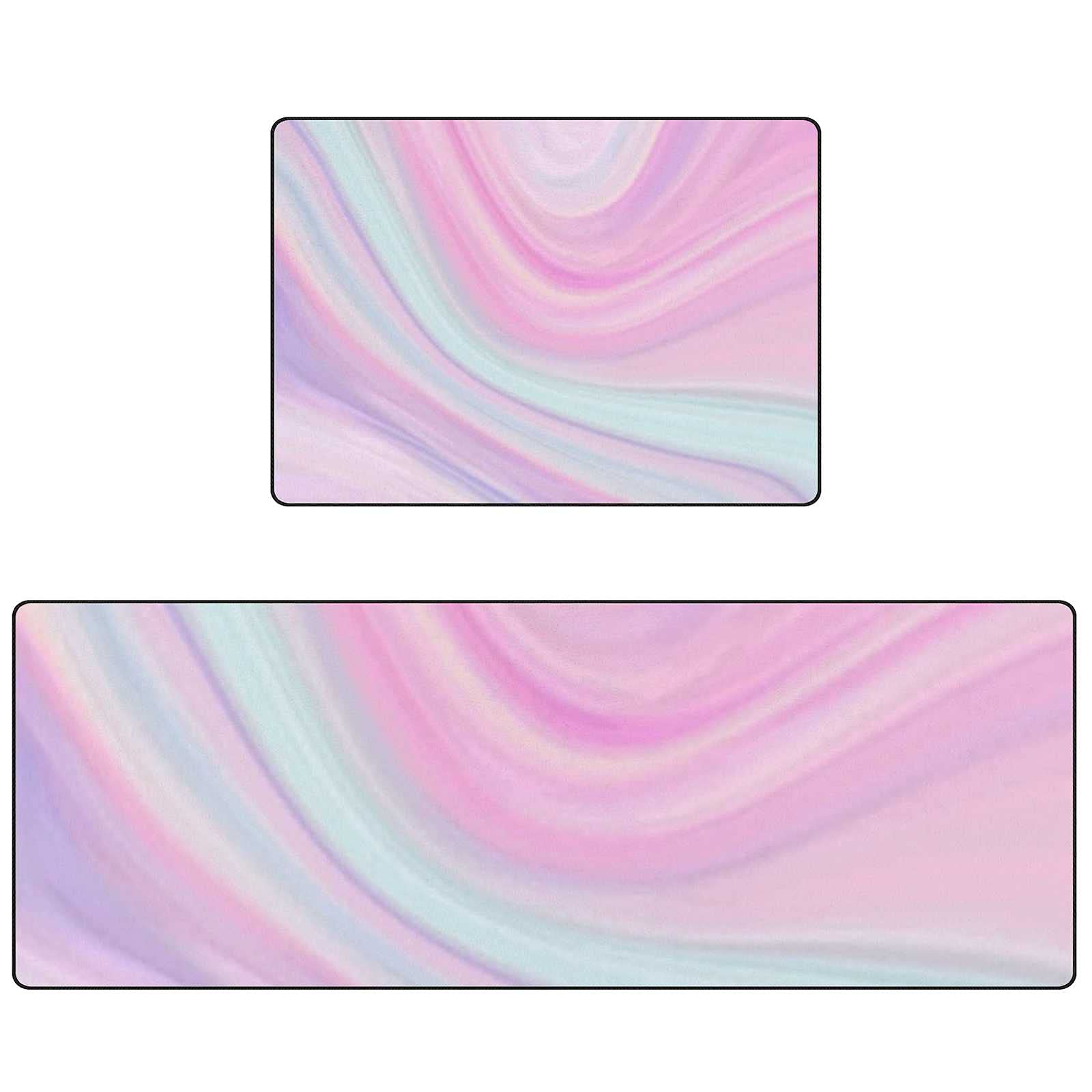 Non-Slip Marble Pastel Kitchen Rugs Set - 2 Piece Absorbent Coral Velvet Mats (17.7×29.1Inch + 17.7×58.2Inch) for Floor Protection, Comfort & Style - Perfect for Sink, Stove & High Traffic Areas