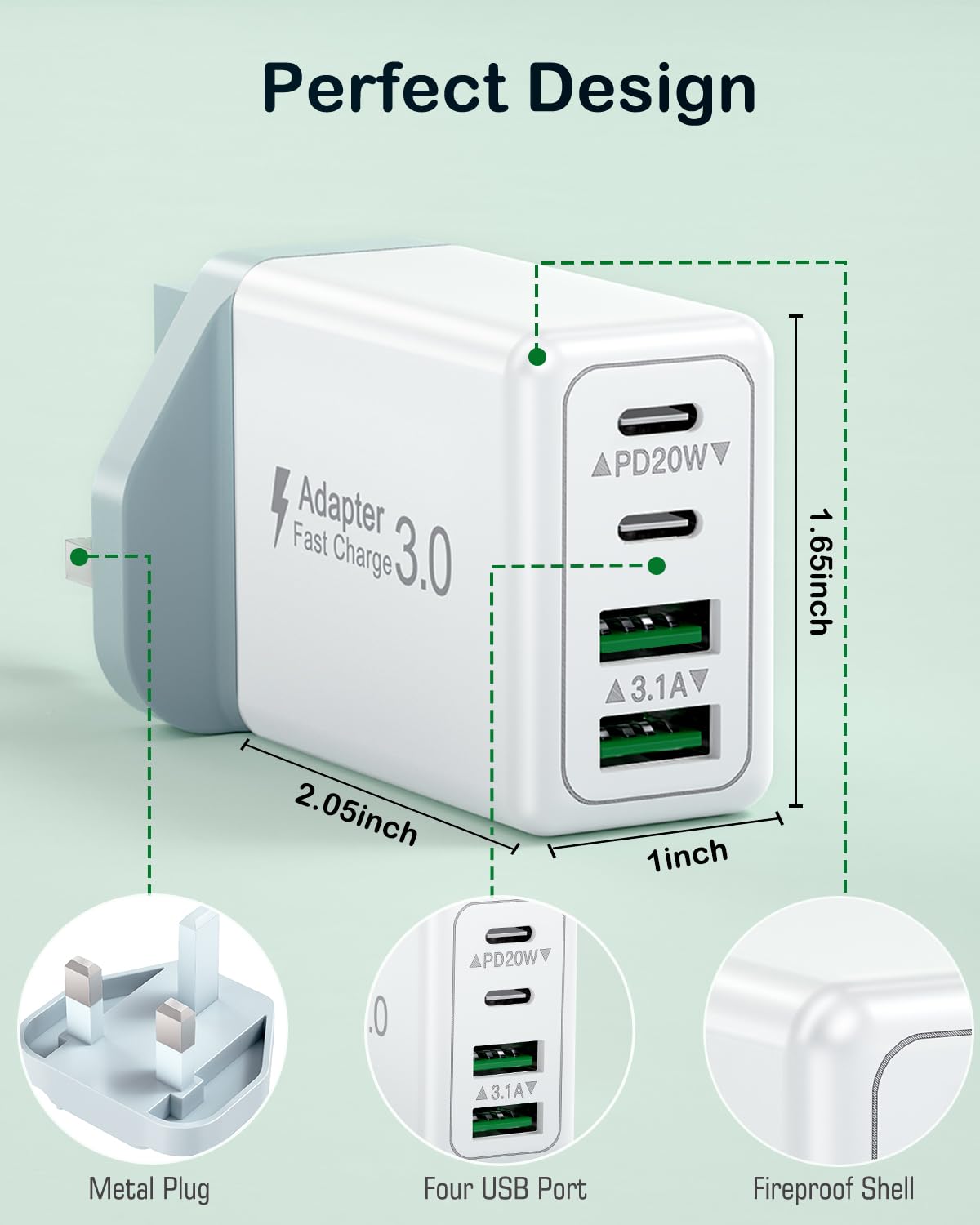 40W 4-Port USB C Fast Charger with PD & USB A - 2 Pack UK Wall Plug for iPhone 15/14/13/12/11 Pro Max/SE/XS/XR/8, iPad, Samsung Galaxy - Rapid Charging for Home, Office & Travel