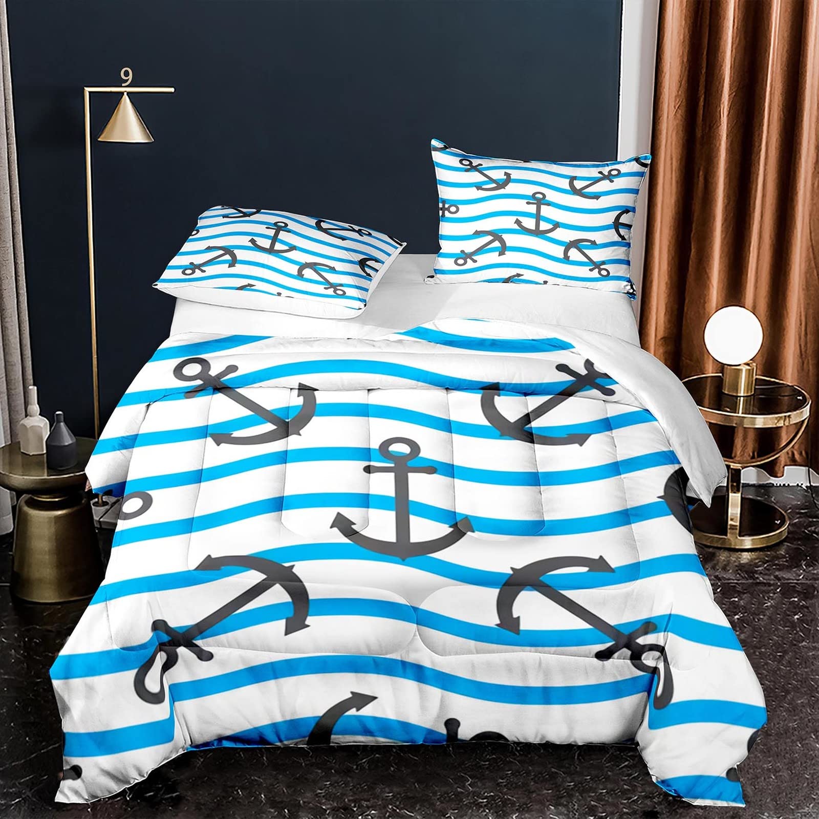 Navy Blue Nautical Anchor Comforter Set - Underwater World Retro Theme King Size Bedding with Pillowcases - Coastal Decor for Bedroom, Guest Room & Dorm