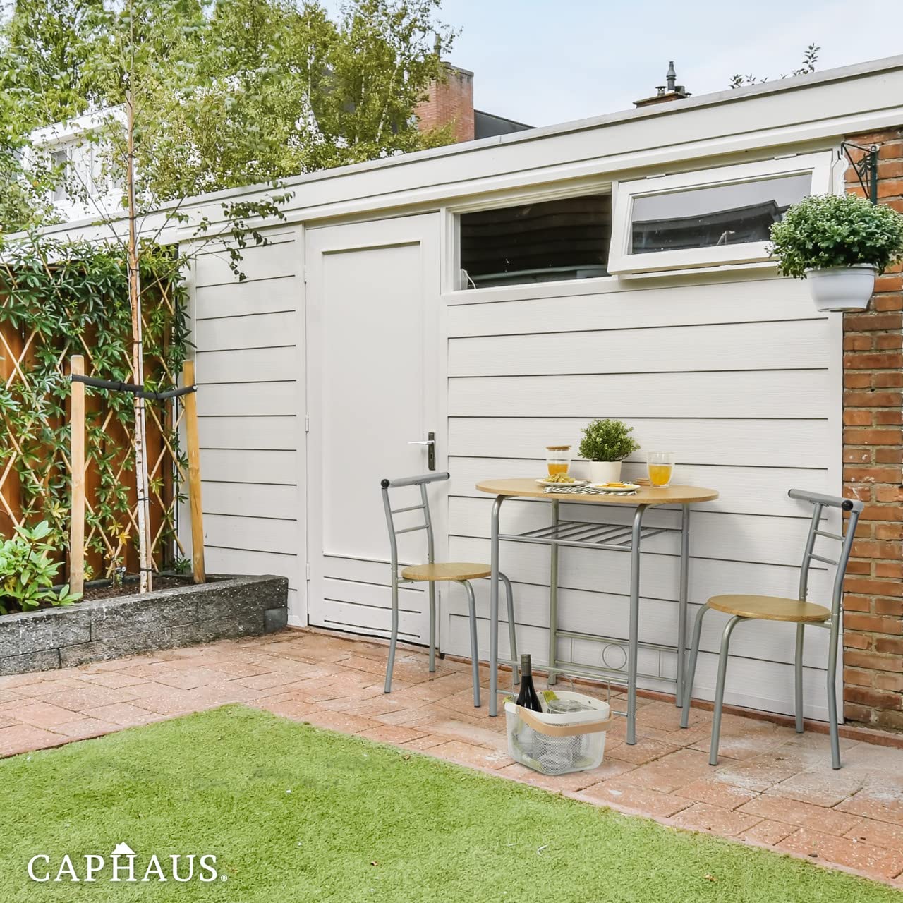 CAPHAUS 3-Piece Dining Set for 2 - Small Kitchen & Patio Table with Steel Frame & Wine Rack - Natural Oak Round Dining Table Set - Perfect for Outdoor Dining, Small Spaces & Apartment Living