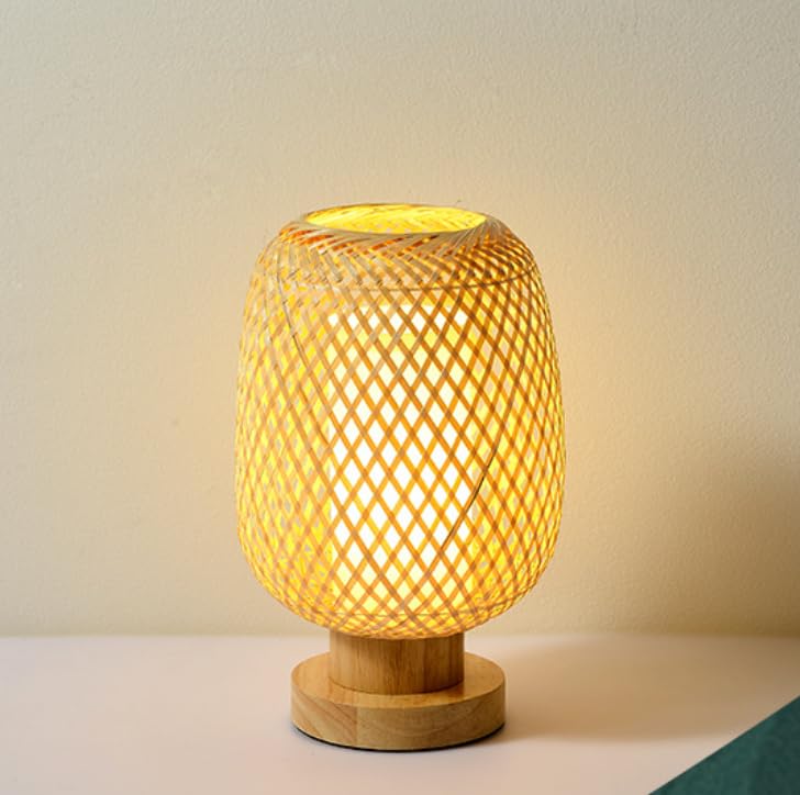 Natural Bamboo Desk Lamp with Wood Base & Rattan Shade - Modern Rustic Table Light for Bedroom, Office, Study, Patio - Eco-Friendly Wicker Basket Egg Design for Home Decor