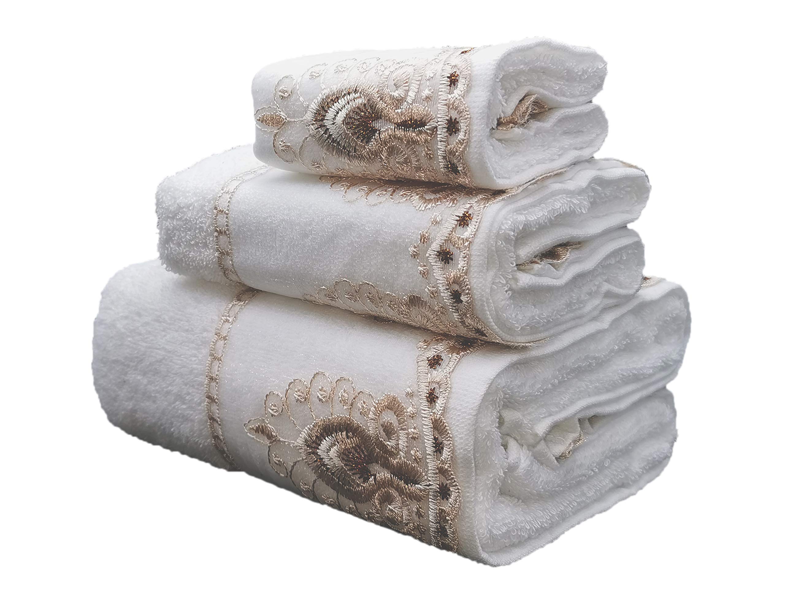 Premium Luxury 100% Cotton Sheer Lace Bath Towel Set - Ultra Soft 3-Piece Modern Bathroom Decor (White) for Spa, Hotel & Upscale Home Use