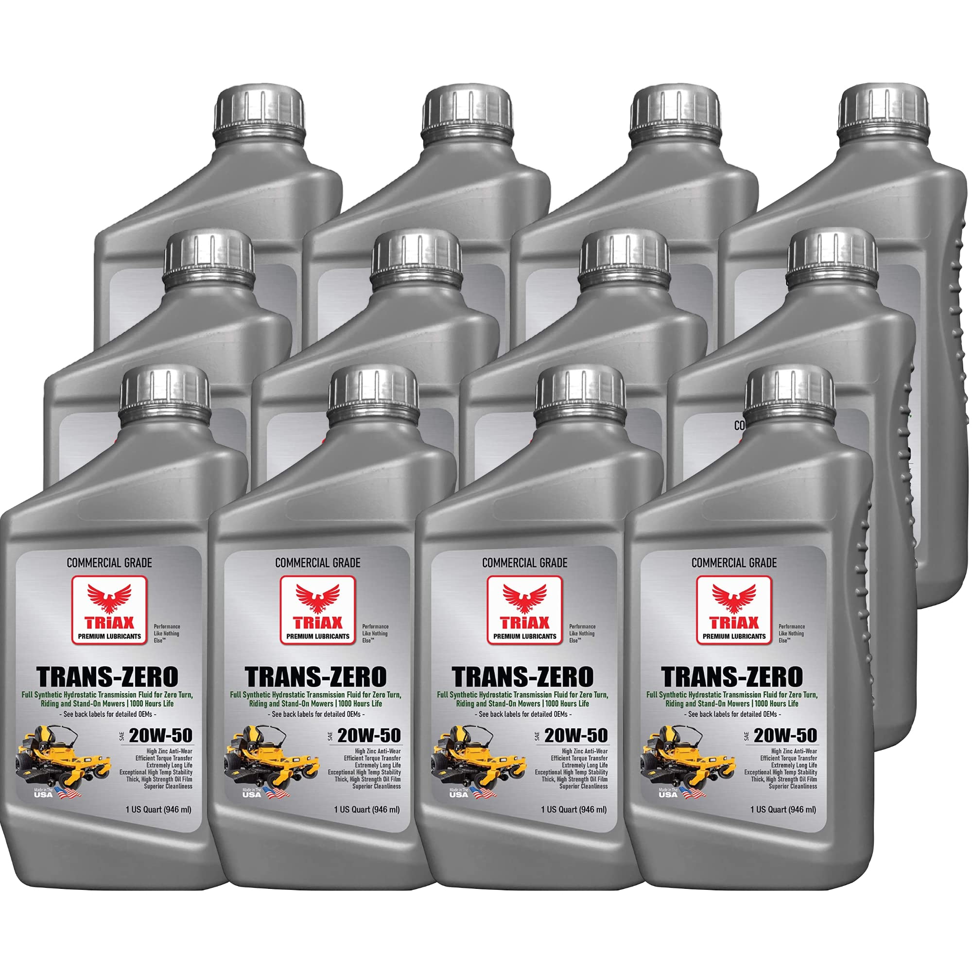 TRIAX Trans Zero 20W-50 Full Synthetic Hydrostatic Transmission Oil for Zero-Turn Mowers - 12 Quart Pack - Ideal for Lawn Care, Landscaping & Commercial Mowing Equipment