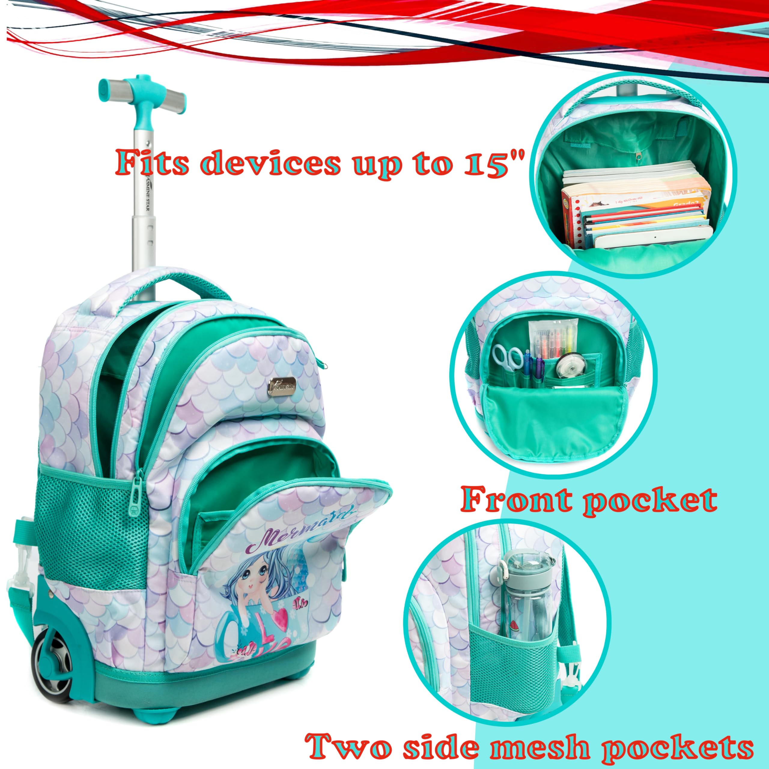 **Egchescebo Mermaid Rolling Backpack for Girls - Kids Wheeled Luggage & Travel Suitcase with Wheels, Toddler Bookbag for School, Lunch, and Elementary - Perfect for Travel, School, and Daily Use (Green)**