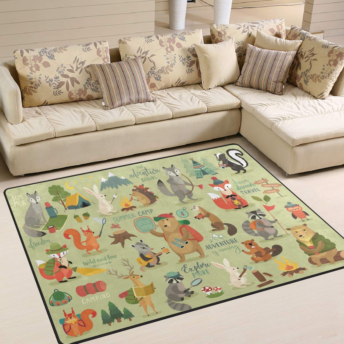 ALAZA Large 5' x 7' Modern Jungle Animal Print Floor Mat - Fox Bear Rabbit Design for Home Decor, Kids Playroom, Bedroom, Camping & Yoga | Non-Slip Door Carpet for Children's Safety