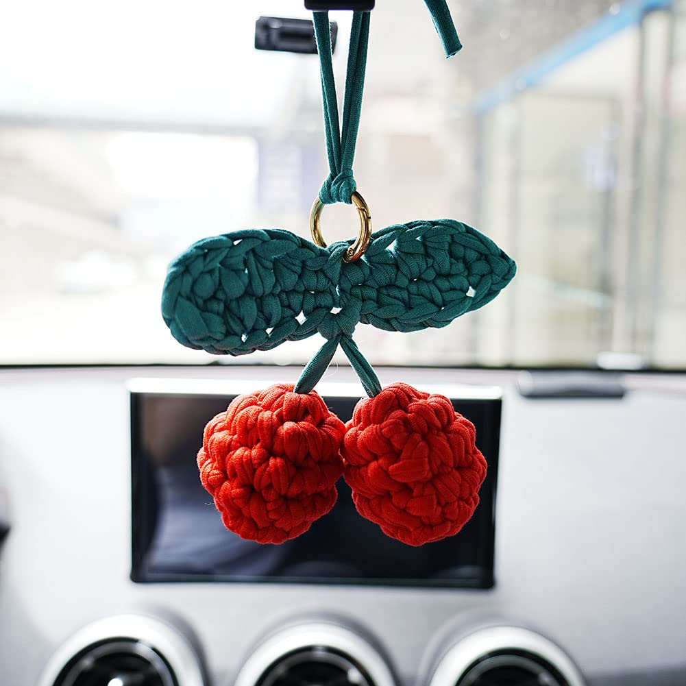 Hand Knitted Cherry Pendant - Cute Car Rear View Mirror Hanging Ornament, Boho Car Accessories Gift for Women, Perfect for Road Trips & Daily Commute