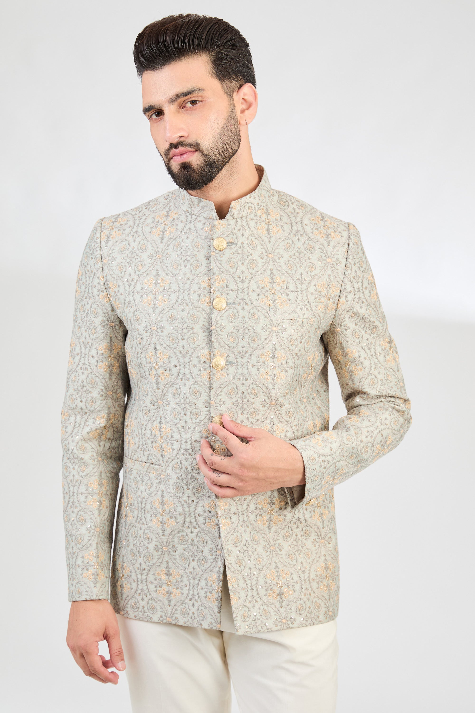 Elegant Mint Green Heavy Multi-Threadwork Bandhgala Jacket for Men - Perfect for Weddings, Festivals & Special Occasions