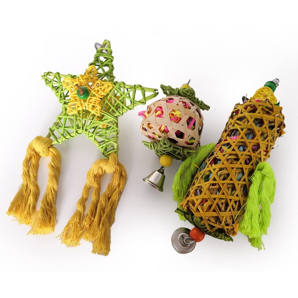 3PCS Natural Rattan Bird Chewing Toys - Hanging Woven Ball Swing for Parrots, Budgies & Parakeets | Cage Entertainment & Beak Exercise for Small Birds