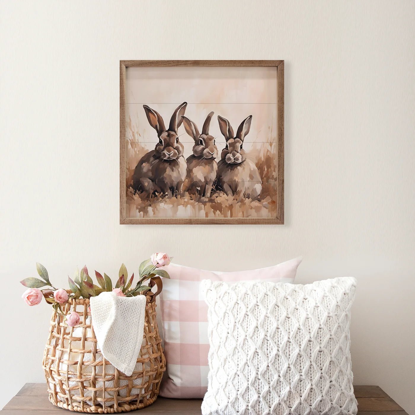 Brown Three Rabbits Wood Framed Print - Rustic Home Wall Decor for Living Room, Bedroom & Nursery | Perfect Gift for Animal Lovers