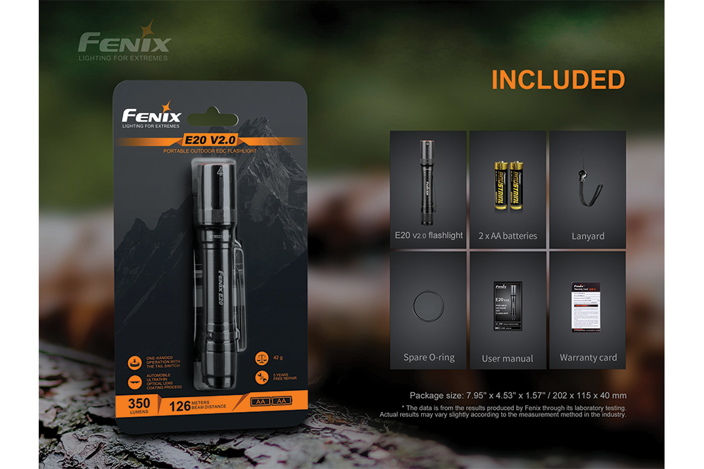 Fenix E20 V2.0 EDC Flashlight - 350 Lumens Ultra Bright LED Torch with 5 Lighting Modes | Compact & Waterproof for Camping, Hiking, Emergency & Everyday Carry