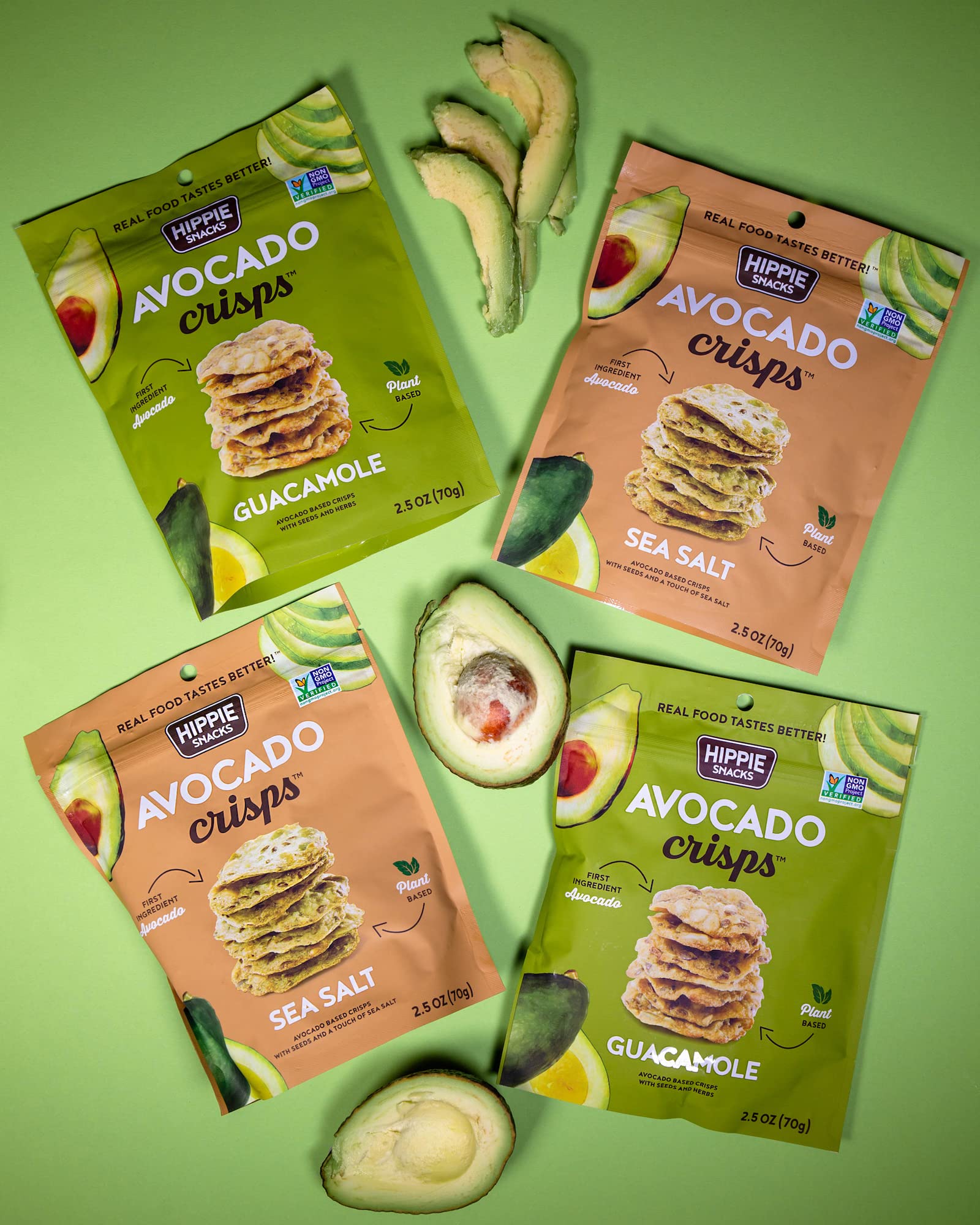 Hippie Snacks Avocado Crisps Variety Pack - Plant-Based, High Protein, Gluten Free Healthy Snacks - 2 Sea Salt & 2 Guacamole Flavors - Perfect for Charcuterie Boards, Vegan Parties & On-the-Go Snacking