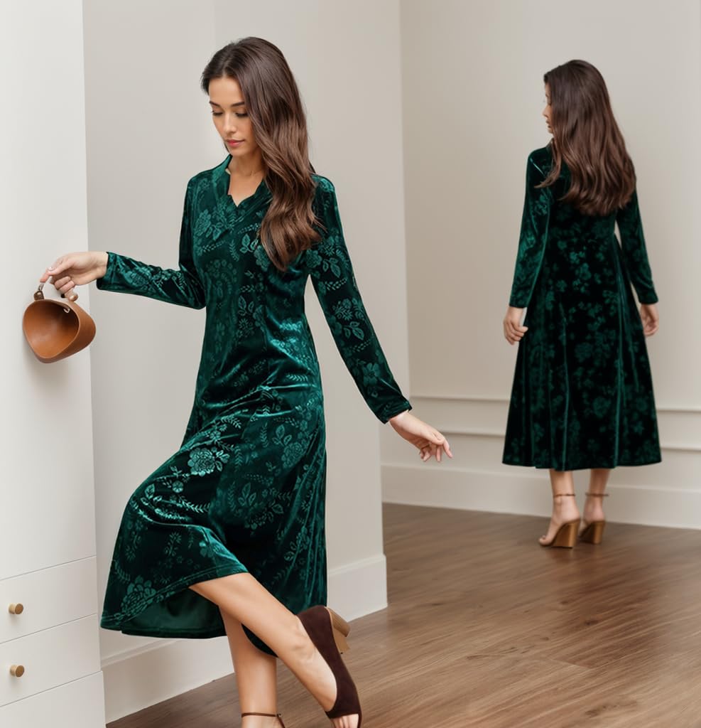 Akivide Women's 2024 Fall Velvet Long Sleeve Midi Dress - Elegant Evening Party Gown, Flowy Slim Fit Formal Dress for Women | Perfect for Cocktail Parties, Weddings & Holiday Events