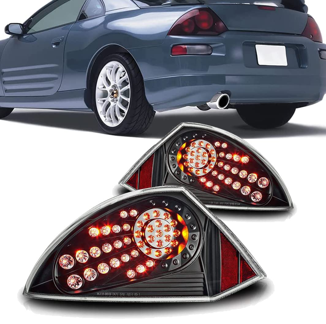 Winjet LED Tail Lights Assembly for 2000-2005 Mitsubishi Eclipse - Pair with LED Turn Signal, Brake Lights & DRL - HD Lenses Rear Lights (Matt Black/Clear) - Perfect for Night Driving & Car Customization