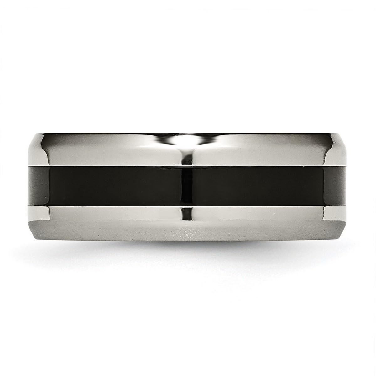 Titanium Beveled Edge Black Enameled 8mm Polished Band Ring for Women & Men - Durable Wedding Band, Anniversary Gift, Everyday Fashion Jewelry
