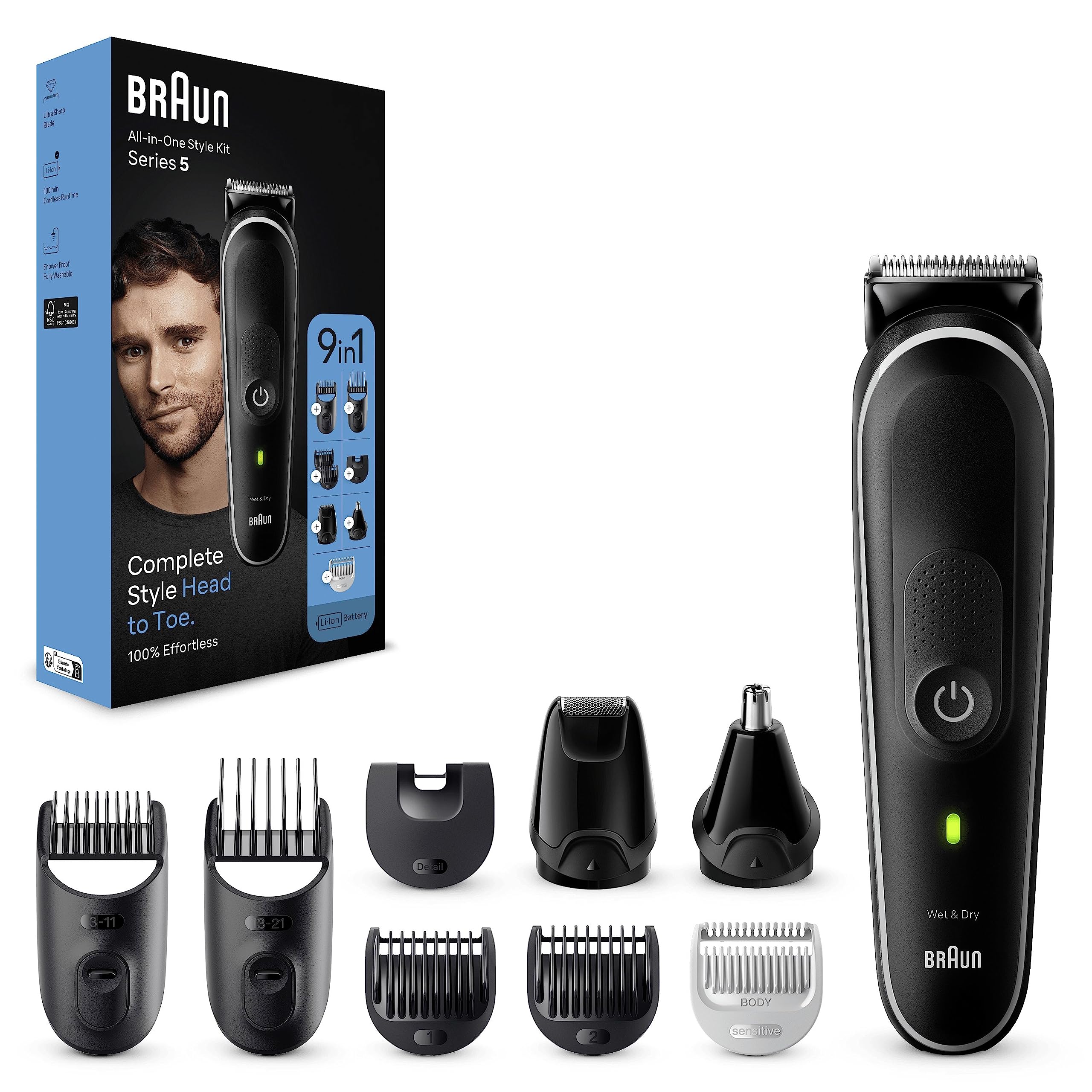 Braun MGK5410 All-in-One Beard Trimmer & Body Groomer Kit - Rechargeable Men's Hair Clipper with 100 Min Wireless Runtime - Perfect for Travel, Home & Gym Grooming