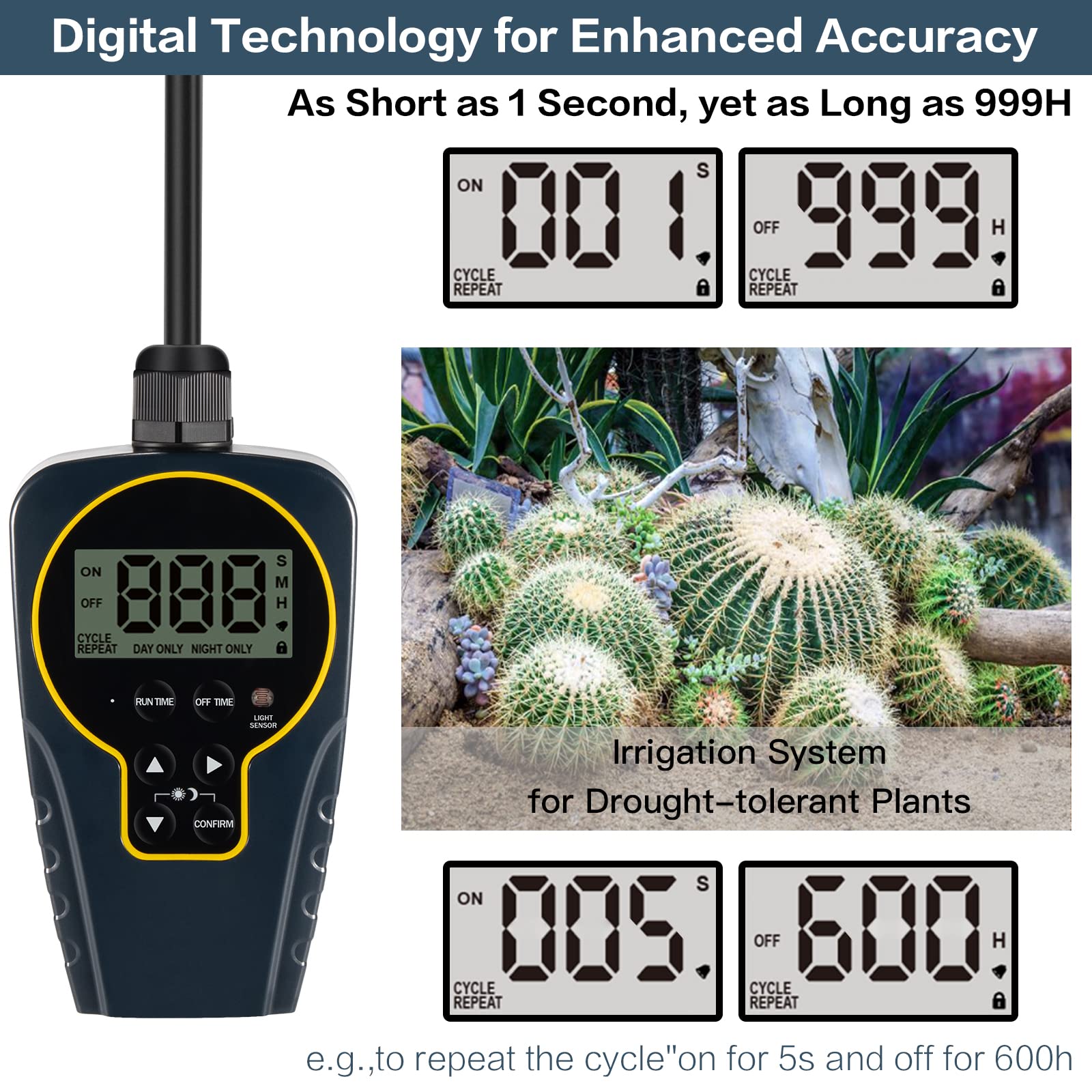 1s to 999h Adjustable Digital Timer Plug - Outdoor Waterproof Electrical Outlet with Countdown & Light Sensor - Perfect for Holiday Lights, Aquariums, and Garden Irrigation (15A 1HP)
