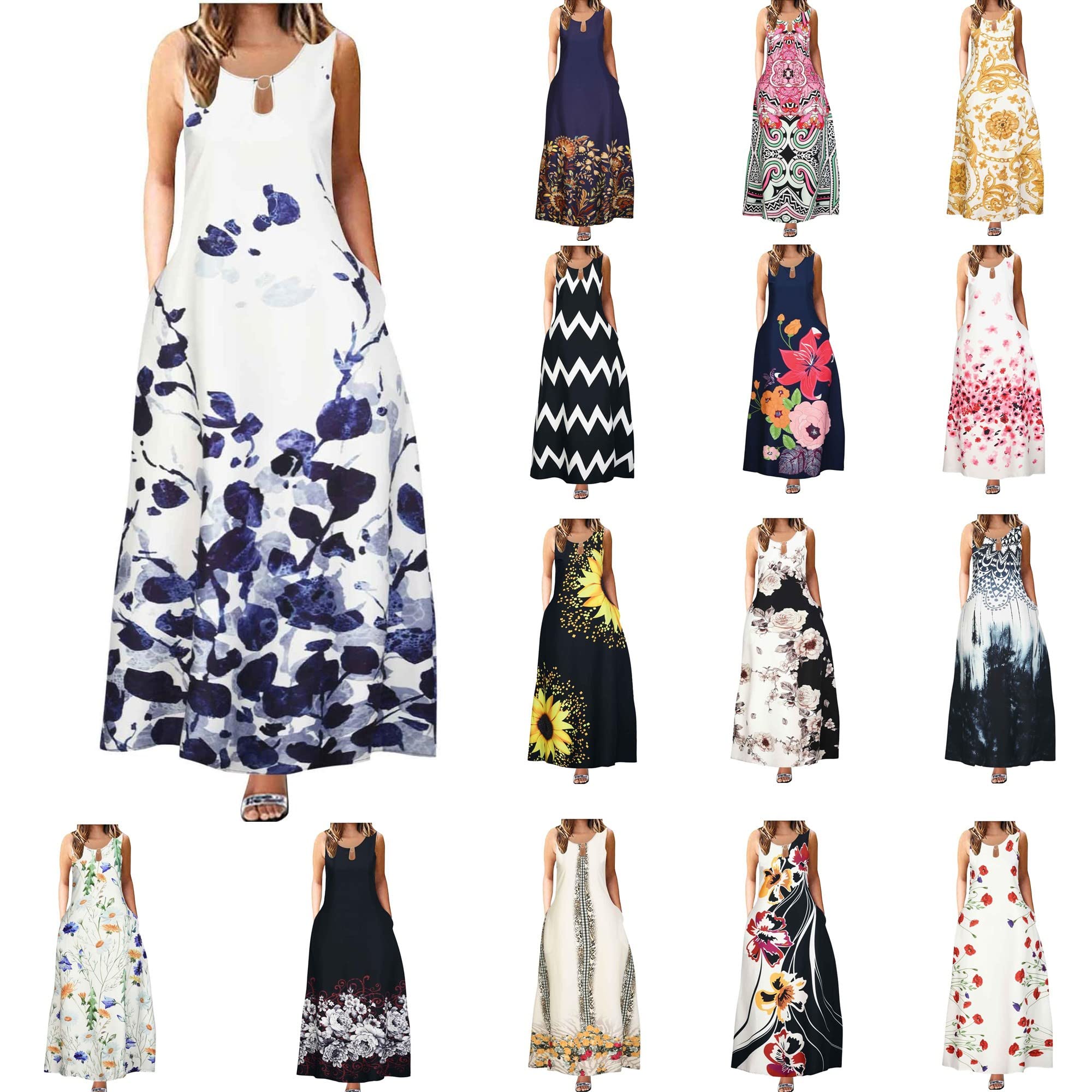 Women's Floral Summer Casual Dress - Round Neck Sleeveless Sun Dress with Pockets, Loose Swing Hem Tunic Maxi Dress for Beach, Vacation & Outdoor Activities