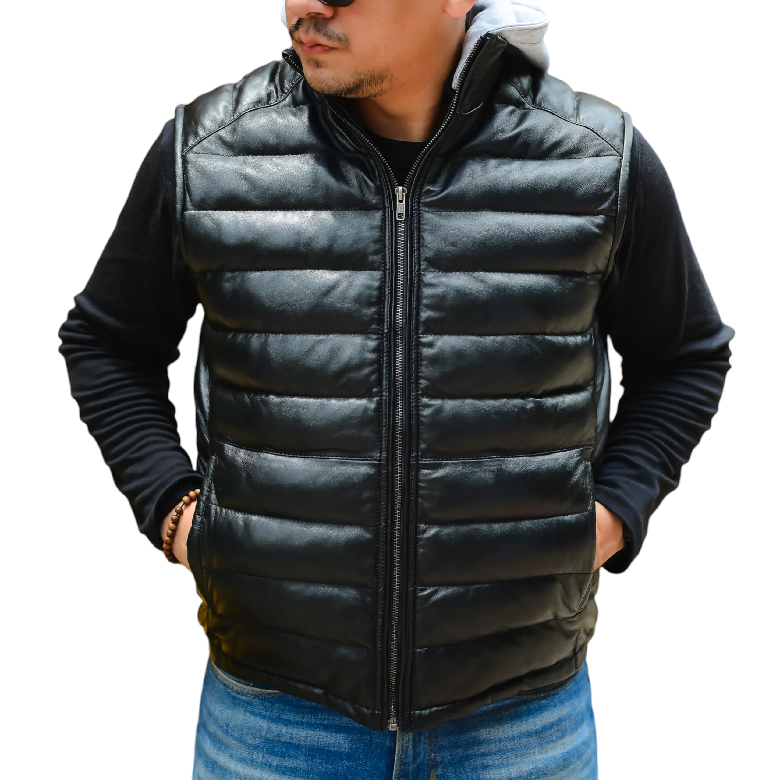 Jild Lambskin Leather Puffer Vest with Removable Hood - Stand Collar Sleeveless Jacket for Men | Winter Fashion, Outdoor Activities & Casual Wear
