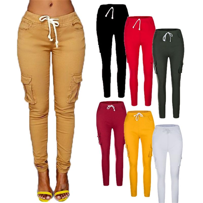 Andongnywell Women's Stretch Cargo Joggers - Solid Color Drawstring Skinny Pants with Pockets & Tie Waist for Butt Lift | Casual Workout, Running, Yoga & Lounge Wear