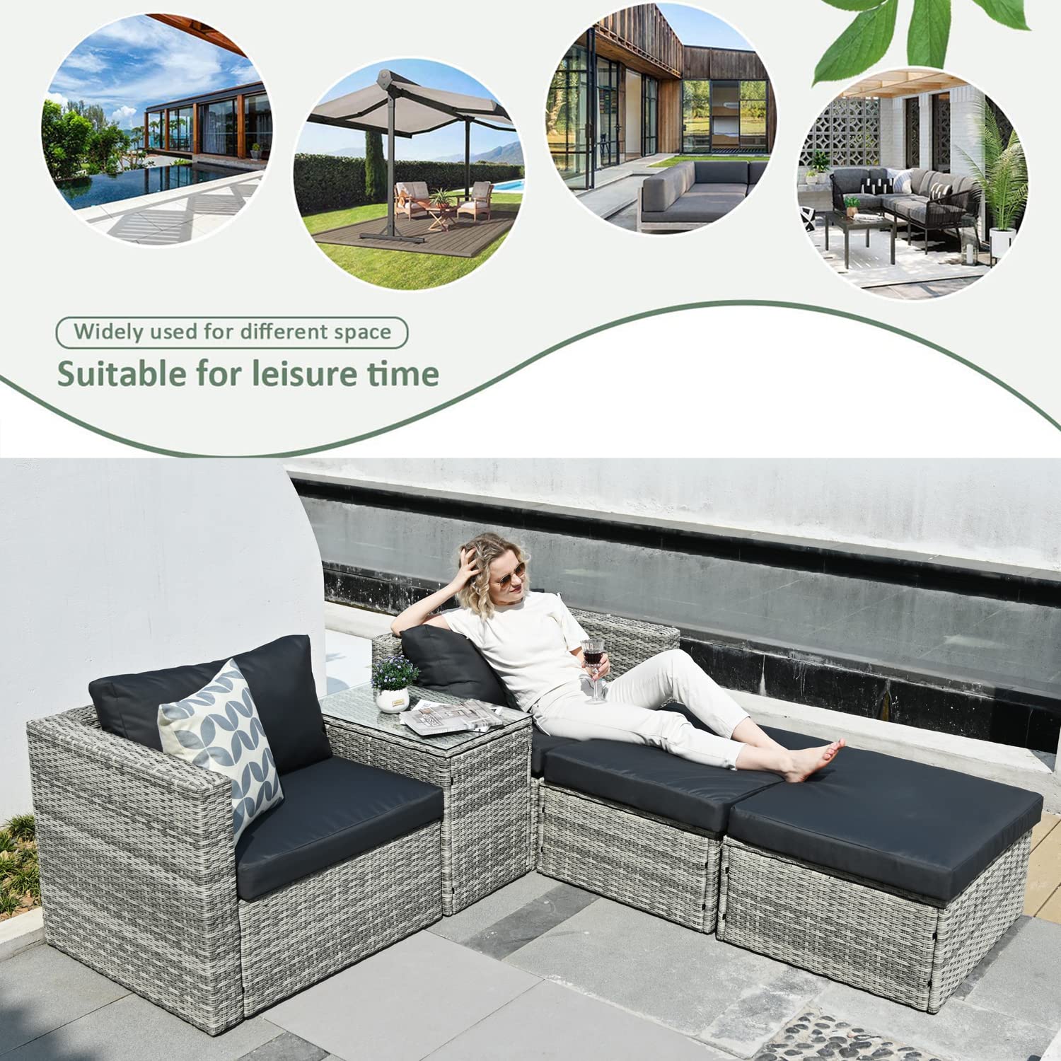 5-Piece All-Weather Wicker Patio Furniture Set - Outdoor Rattan Sectional Sofa with Ottoman & Cushions - Perfect for Garden, Poolside, Backyard & Lawn Relaxation