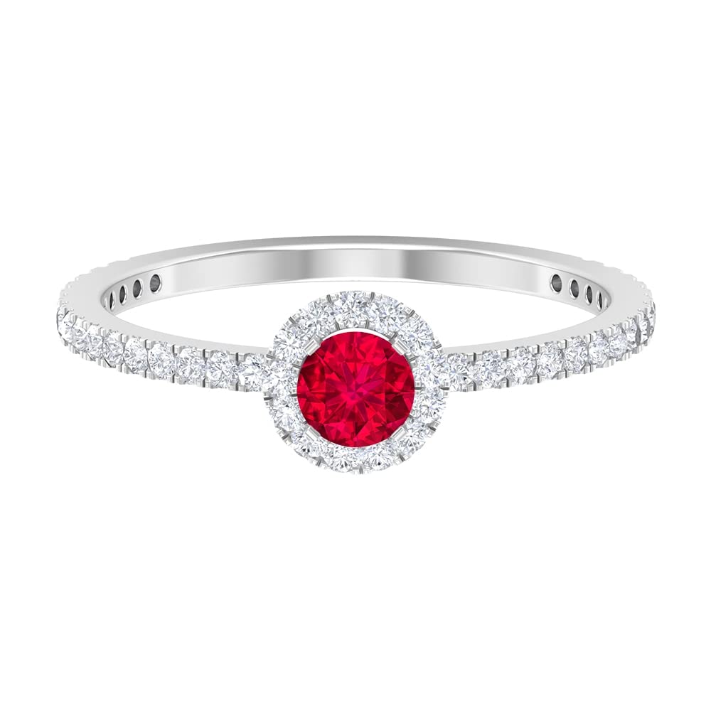 0.75 CT Natural Ruby and Moissanite Engagement Ring for Women - 14K Solid Gold Minimalist Wedding Band - Round Cut Ruby Solitaire Ring for Anniversary, Proposal & Special Occasions