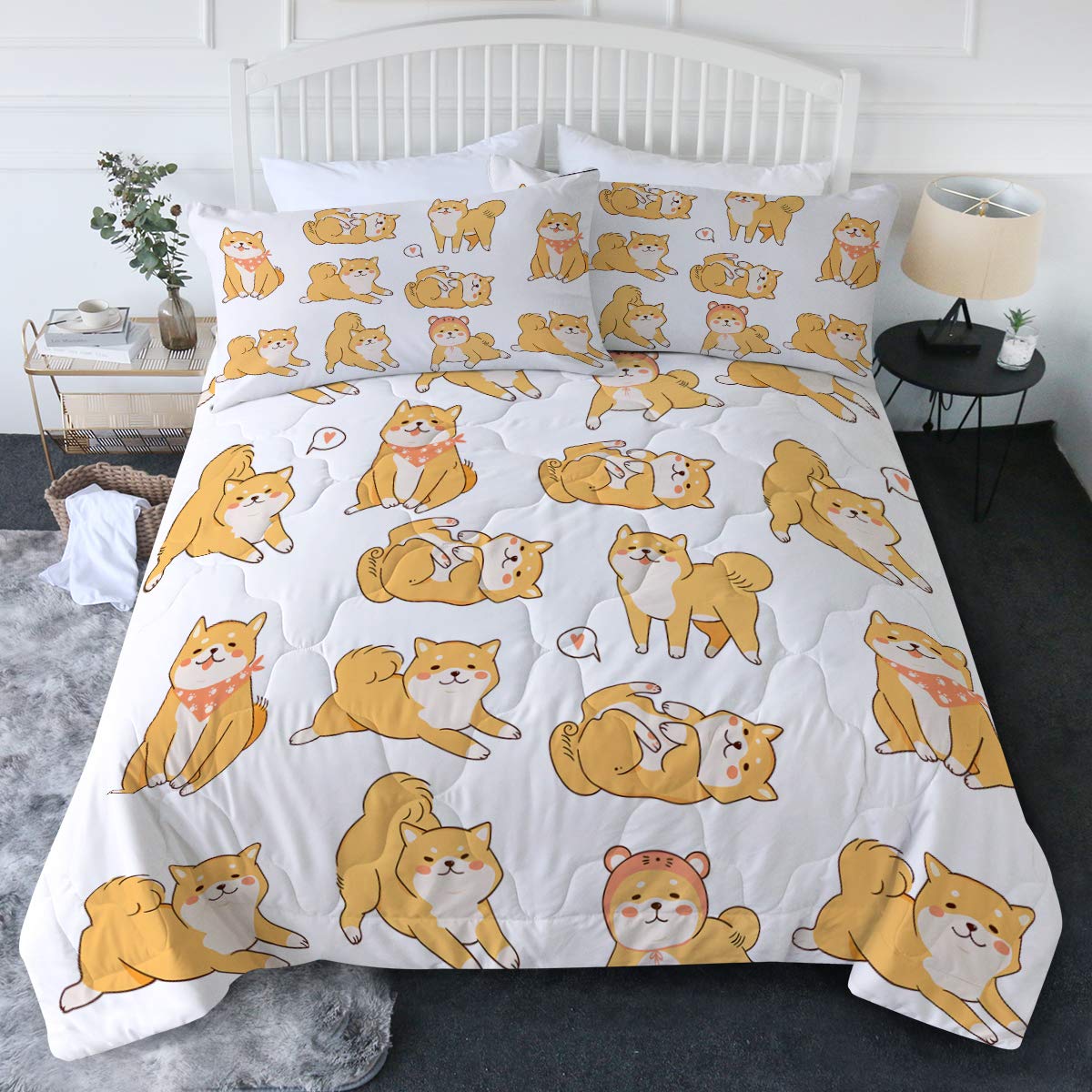 **BlessLiving Cute Shiba Inu Dog Comforter Set - 3-Piece King Size Cartoon Puppy Bedding with Rainbow Design, Soft & Cozy for Kids & Teens - Perfect for Bedrooms, Dorms & Sleepovers**
