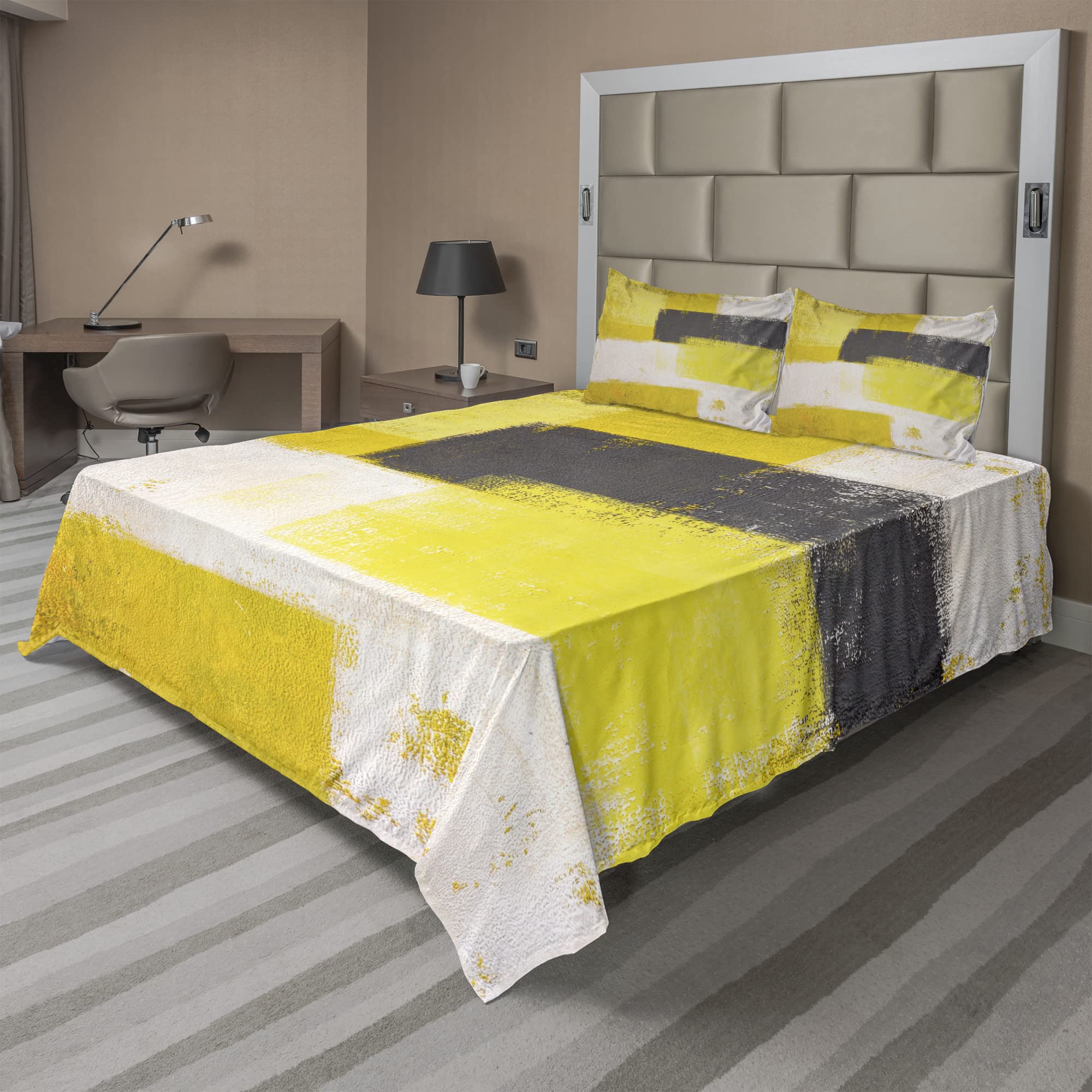 Ambesonne Grey and Yellow 4-Piece King Sheet Set - Abstract Grunge Style Brushstrokes Painting Contemporary Design, Fitted & Flat Sheets with Pillowcases | Modern Bedroom Decor for Guest Rooms, Master Suites & Dorm Essentials