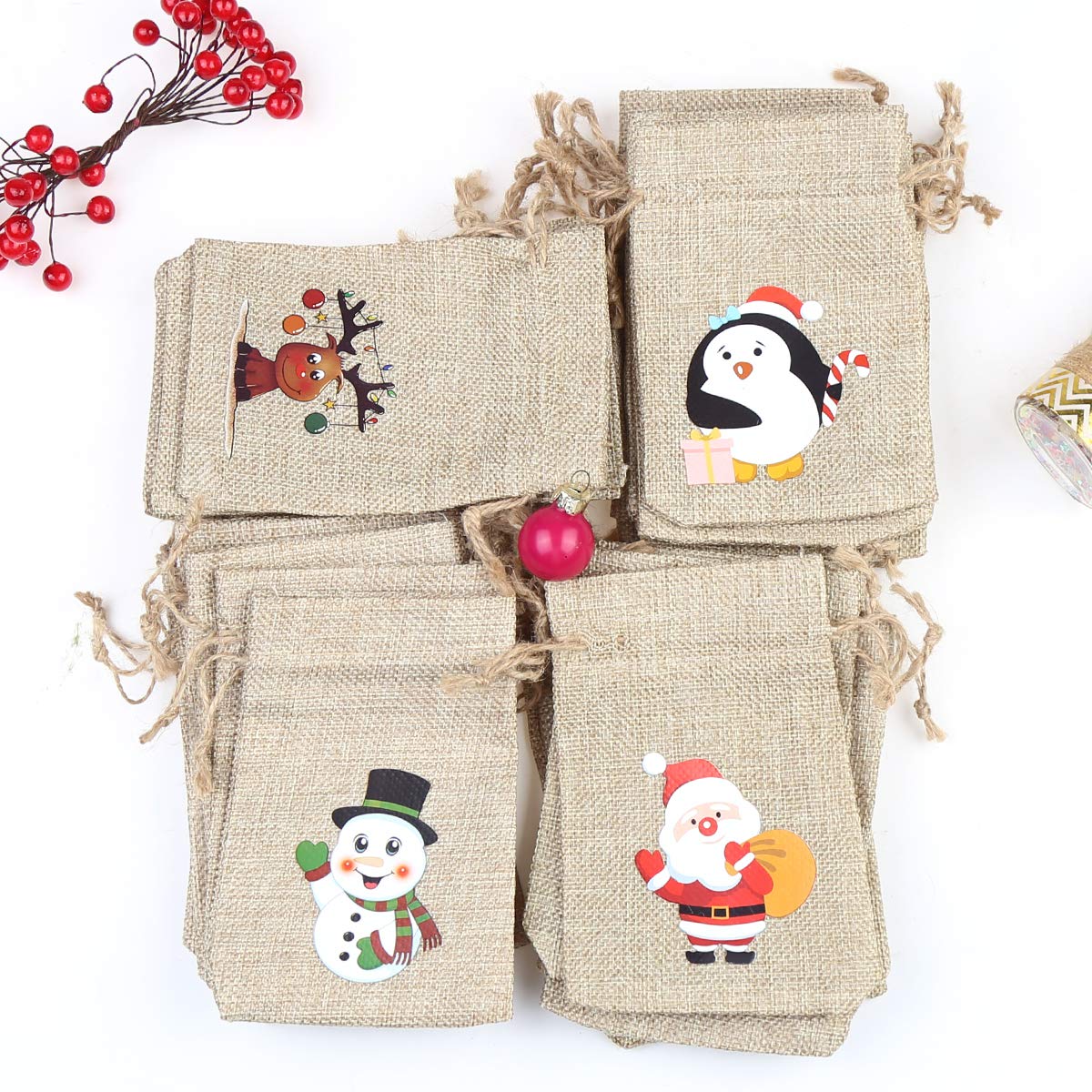 CCINEE 36-Piece Christmas Linen Gift Bags with Drawstrings - Set of 4 Festive Designs (Snowman, Santa, Penguin & Elk) - Reusable Burlap Goodie Bags for Holiday Party Favors, Candy, Treats & Small Gifts