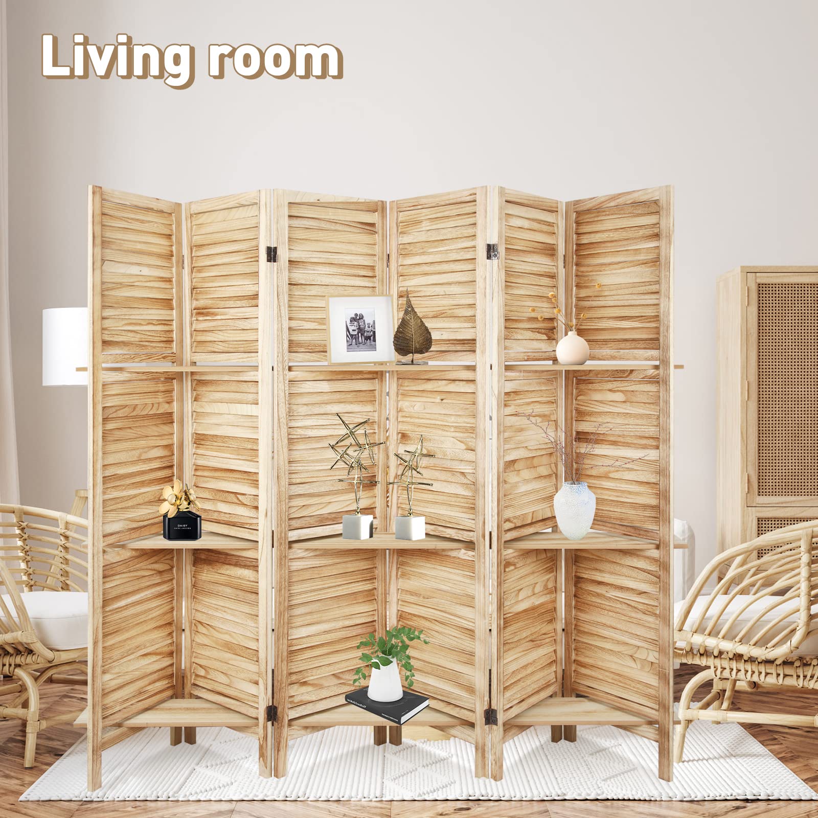 ECOMEX 6 Panel Wood Folding Room Divider Screen with Shelves - Freestanding Partition with Display Shelves, Easy to Move (Natural Color) - Perfect for Home Office, Living Room & Bedroom Privacy