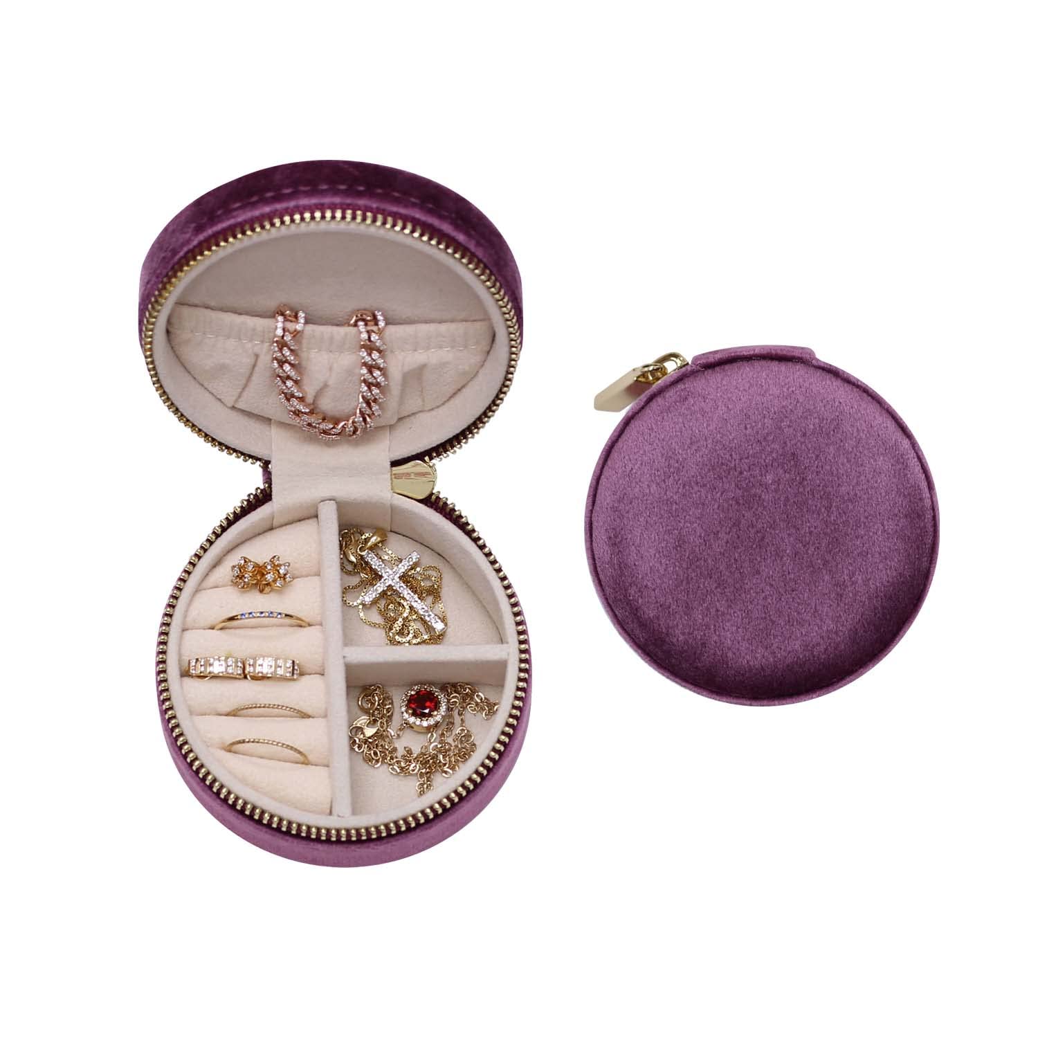 BLUETTE Velvet Jewelry Travel Case - Small Round Jewelry Organizer Box for Earrings, Rings & Necklaces - Portable Jewelry Storage Pouch, Perfect Gift for Women (Purple) | Great for Travel, Vacation & Daily Use